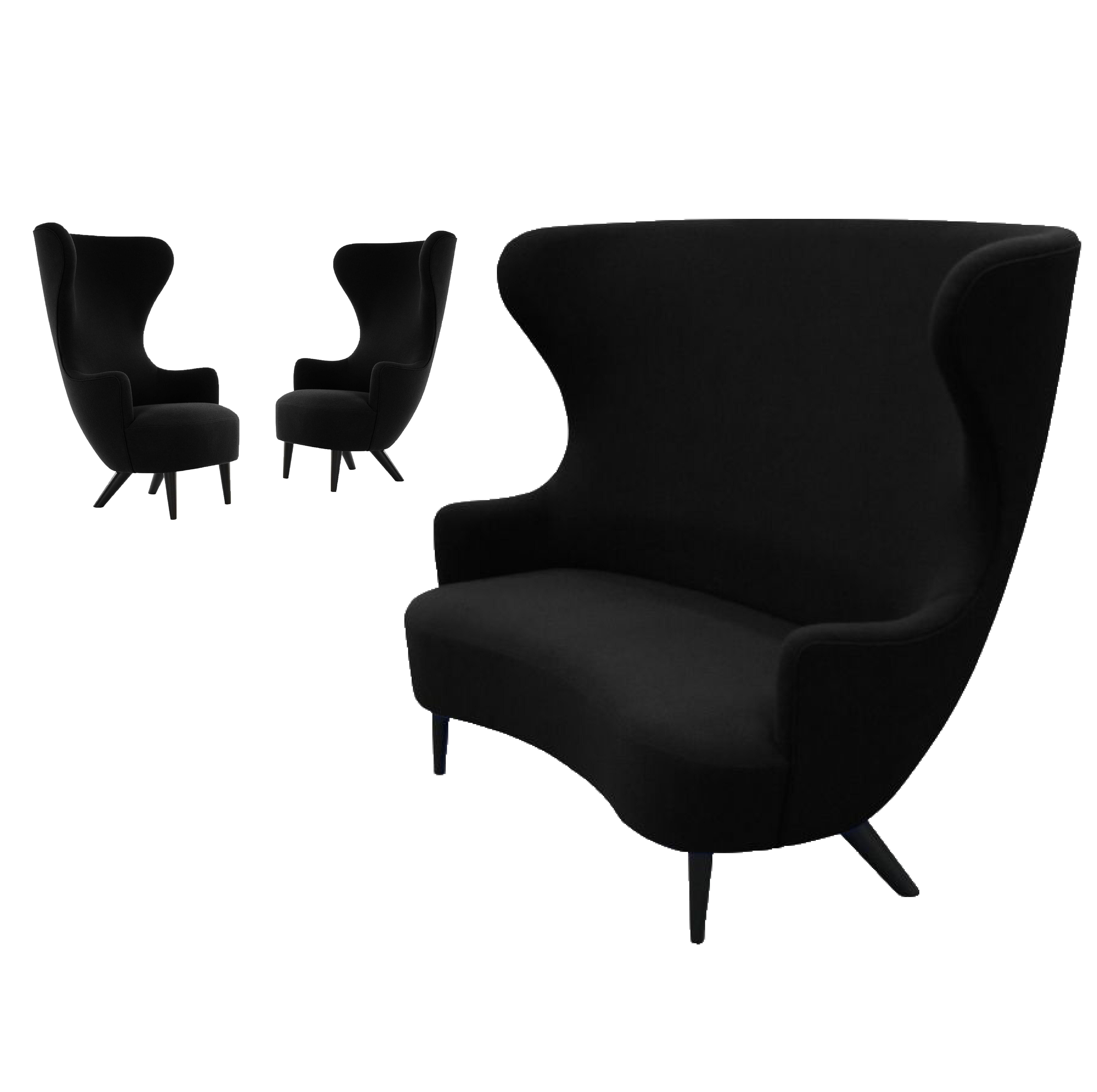 Tom Dixon wingback black leg Hallingdal 65 sofa & armchair lounge, George Smith.

Wingback was inspired by traditional 17th century wingback and balloon-back archetypes and was developed for Shoreditch House Members Club. Its expressive sweeping