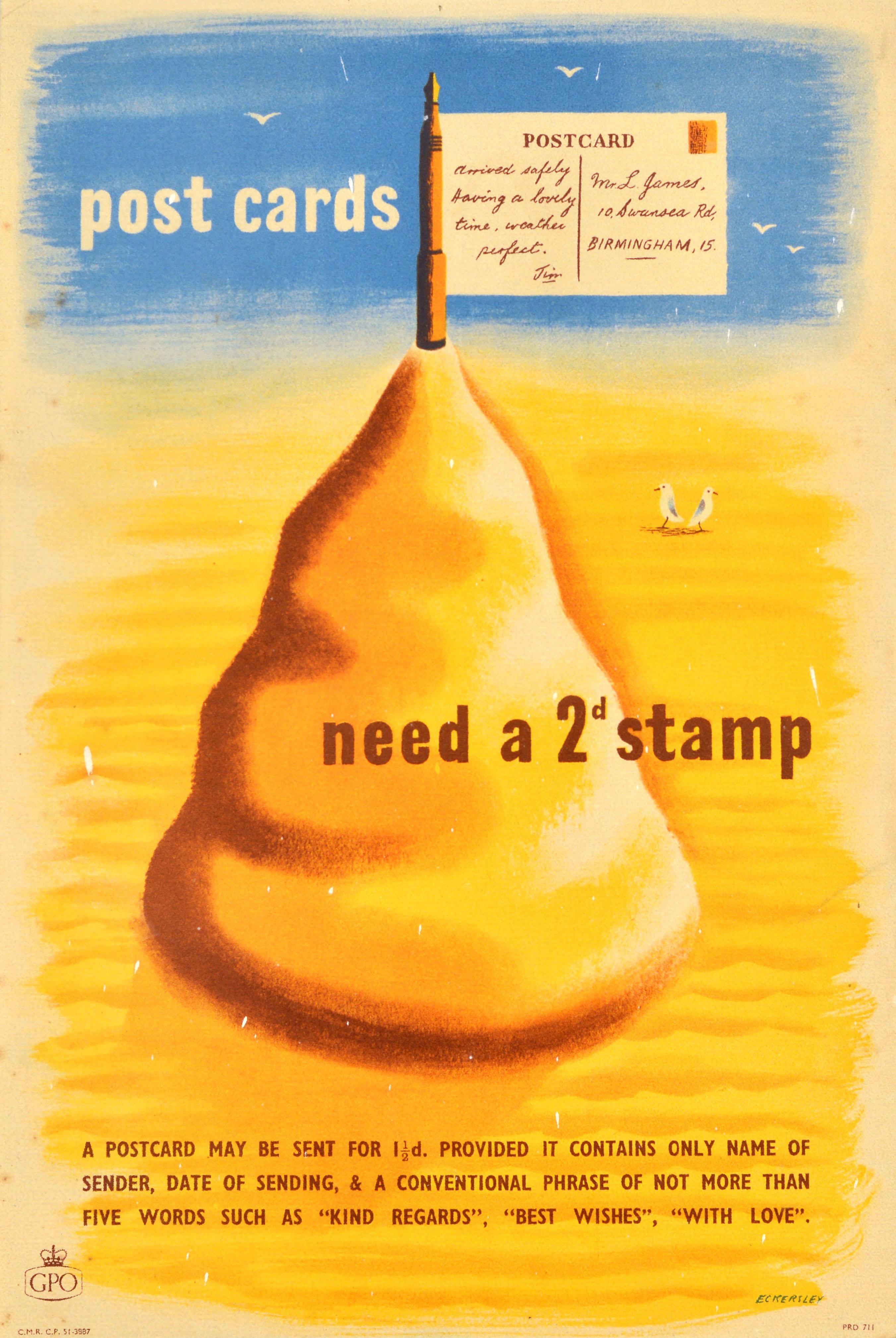 Tom Eckersley Print - Original Vintage General Post Office Poster Post Cards Need A Stamp Eckersley