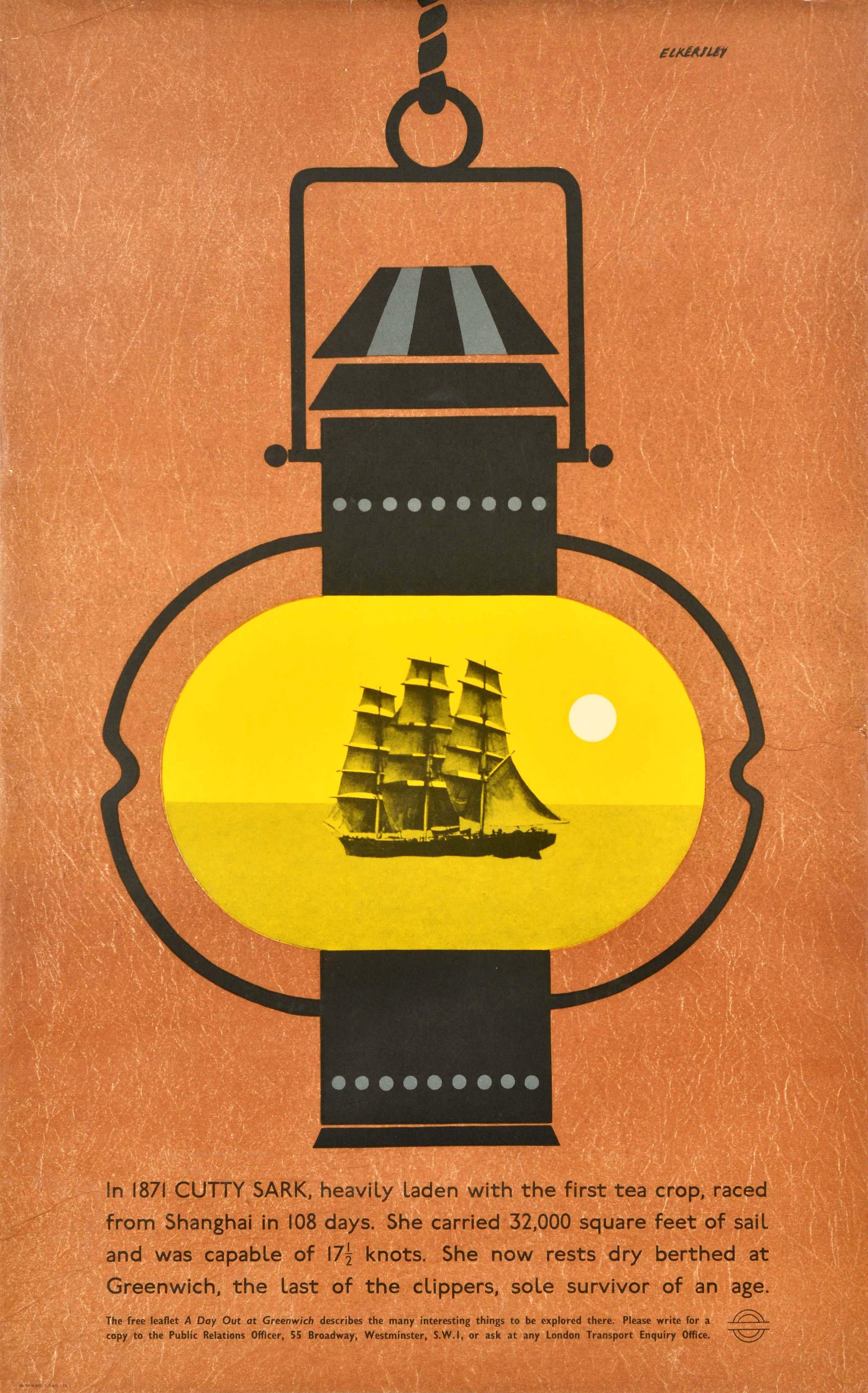 Original vintage London Transport poster advertising the historic Cutty Sark museum ship in Greenwich featuring a great design by the notable artist Tom Eckersley (1914-1997) depicting the iconic tea clipper in full sail against a yellow background