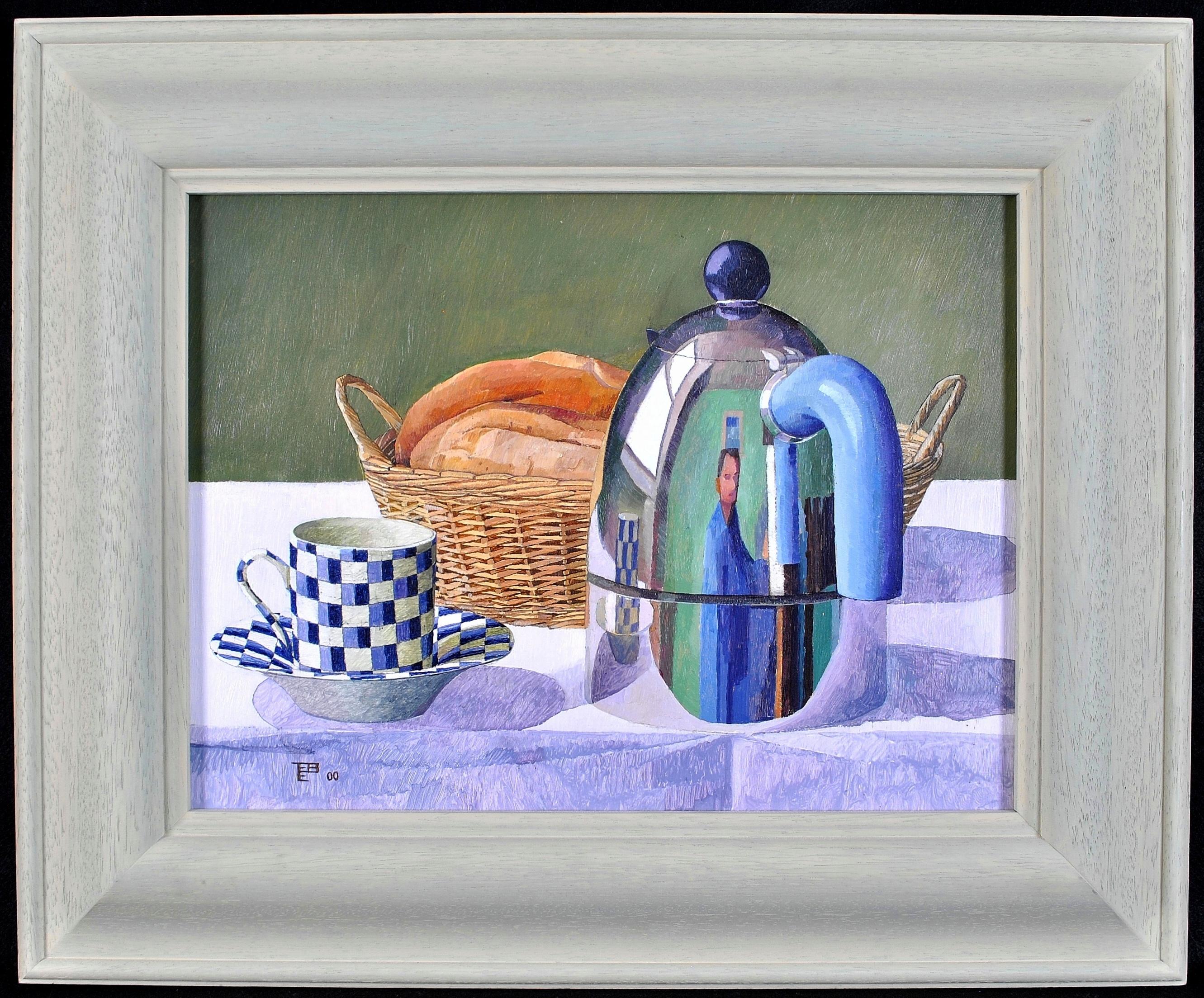 Still-Life Painting Tom Elliott - Nature morte britannique moderne - Cafetière et tasse - Peinture à l'huile sur panneau