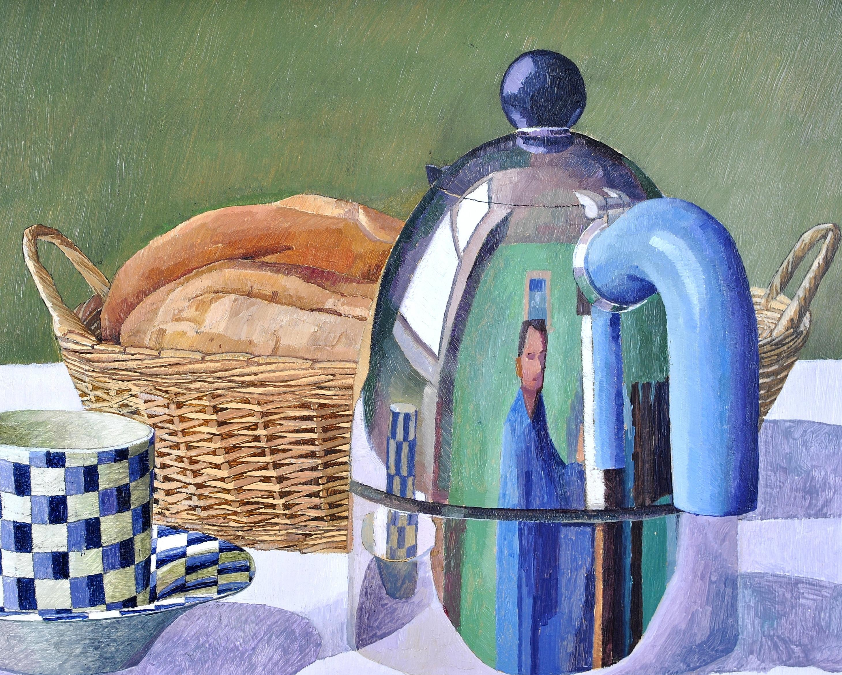 Nature morte britannique moderne - Cafetière et tasse - Peinture à l'huile sur panneau - Gris Still-Life Painting par Tom Elliott