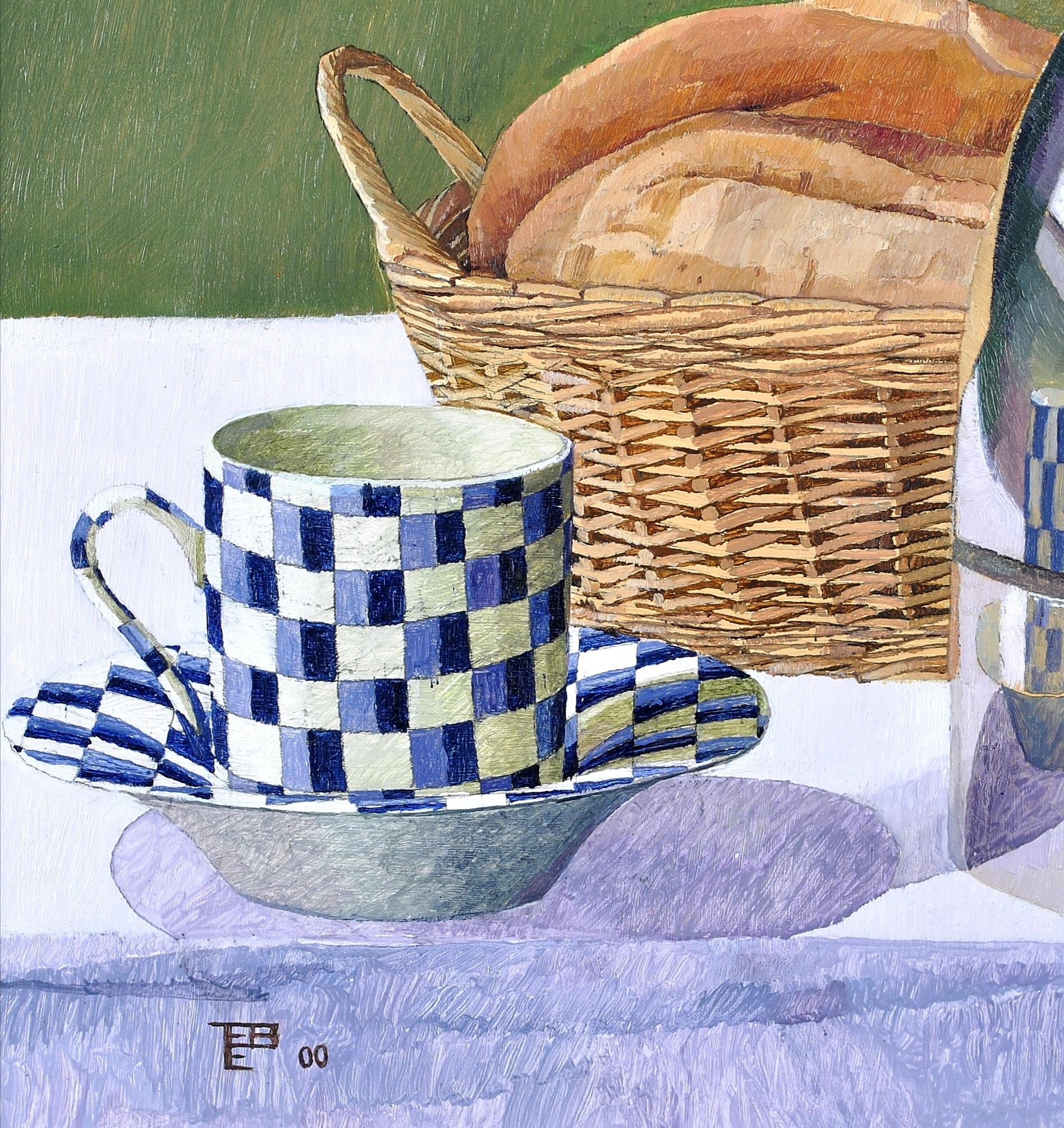 Très belle huile sur carton représentant une cafetière avec une tasse à café et un panier de pain, par Tom Elliotts. 

Peinture d'excellente qualité et inhabituelle, avec l'artiste se reflétant dans la cafetière. Signée avec monogramme et datée 2000
