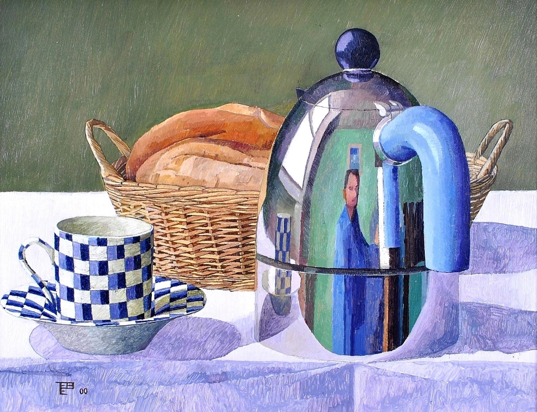 Nature morte britannique moderne - Cafetière et tasse - Peinture à l'huile sur panneau - Painting de Tom Elliott