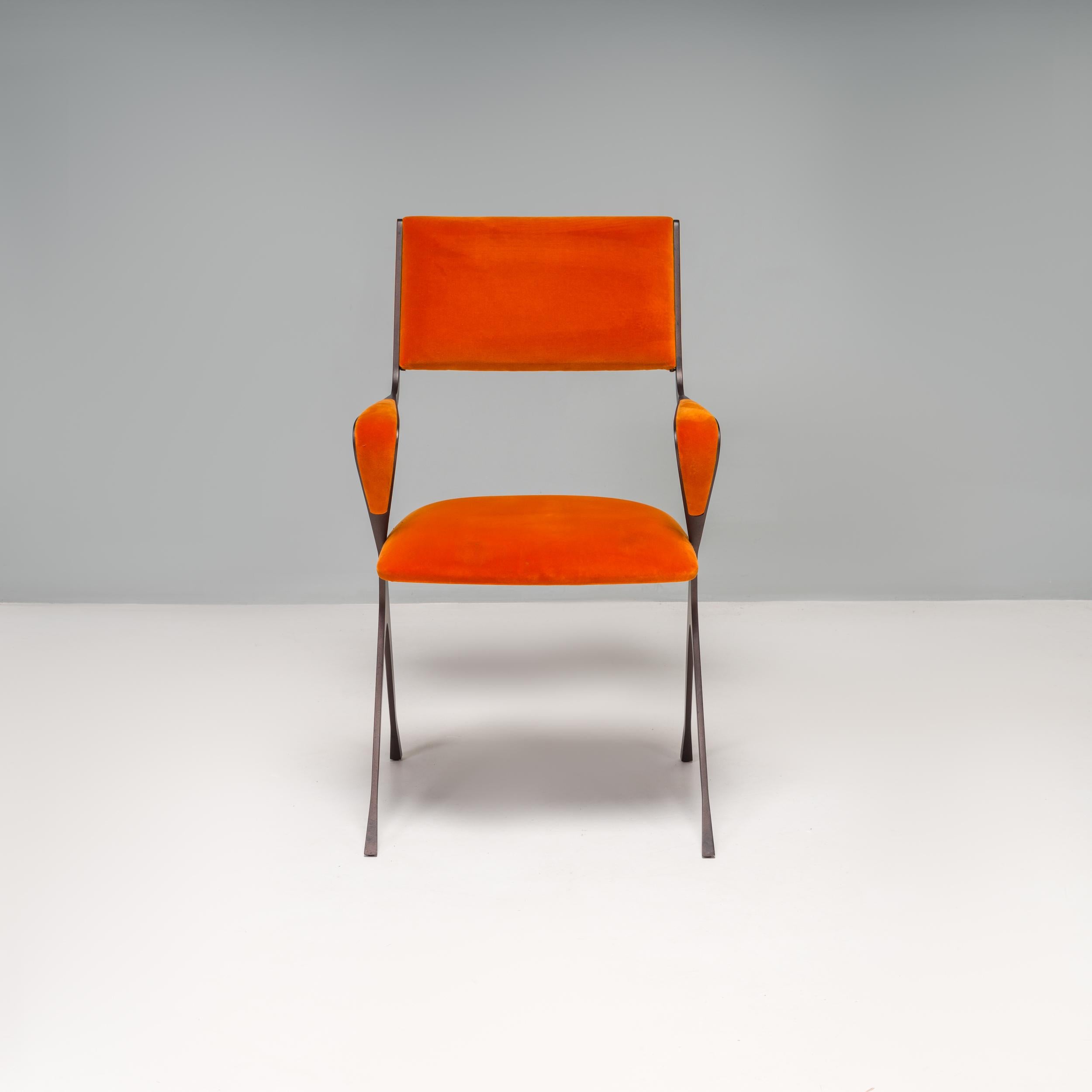 British Tom Faulkner Orange Velvet Vienna Carver Dining Chairs, Set of 10