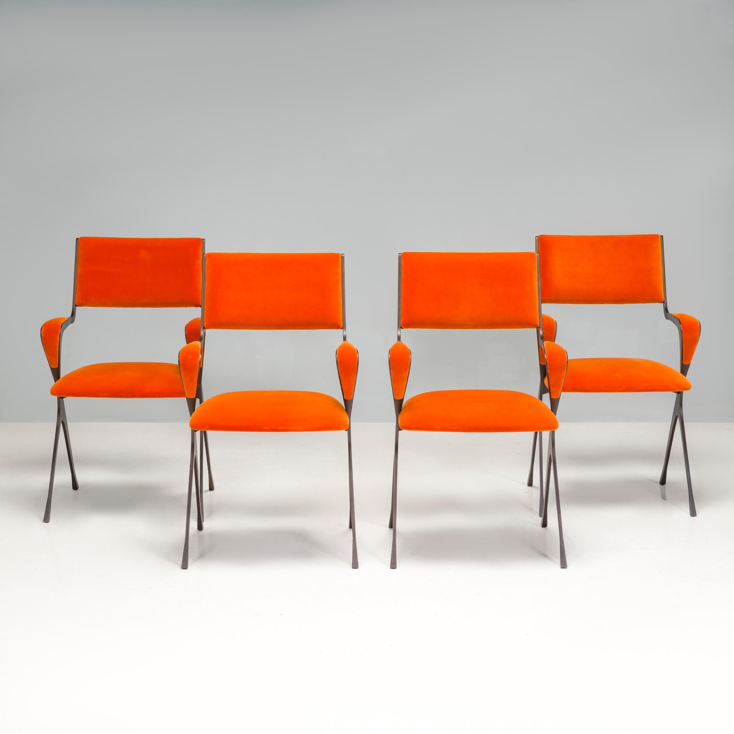 Art Nouveau Tom Faulkner Orange Velvet Vienna Carver Dining Chairs, Set of 4 For Sale