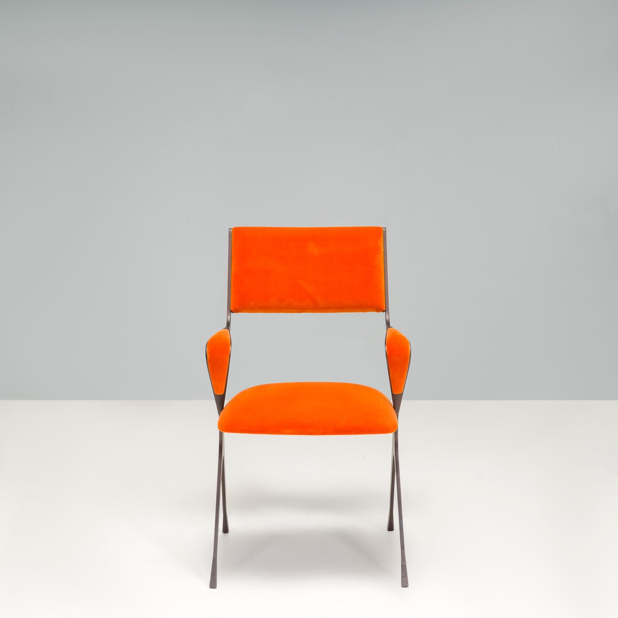 British Tom Faulkner Orange Velvet Vienna Carver Dining Chairs, Set of 4 For Sale