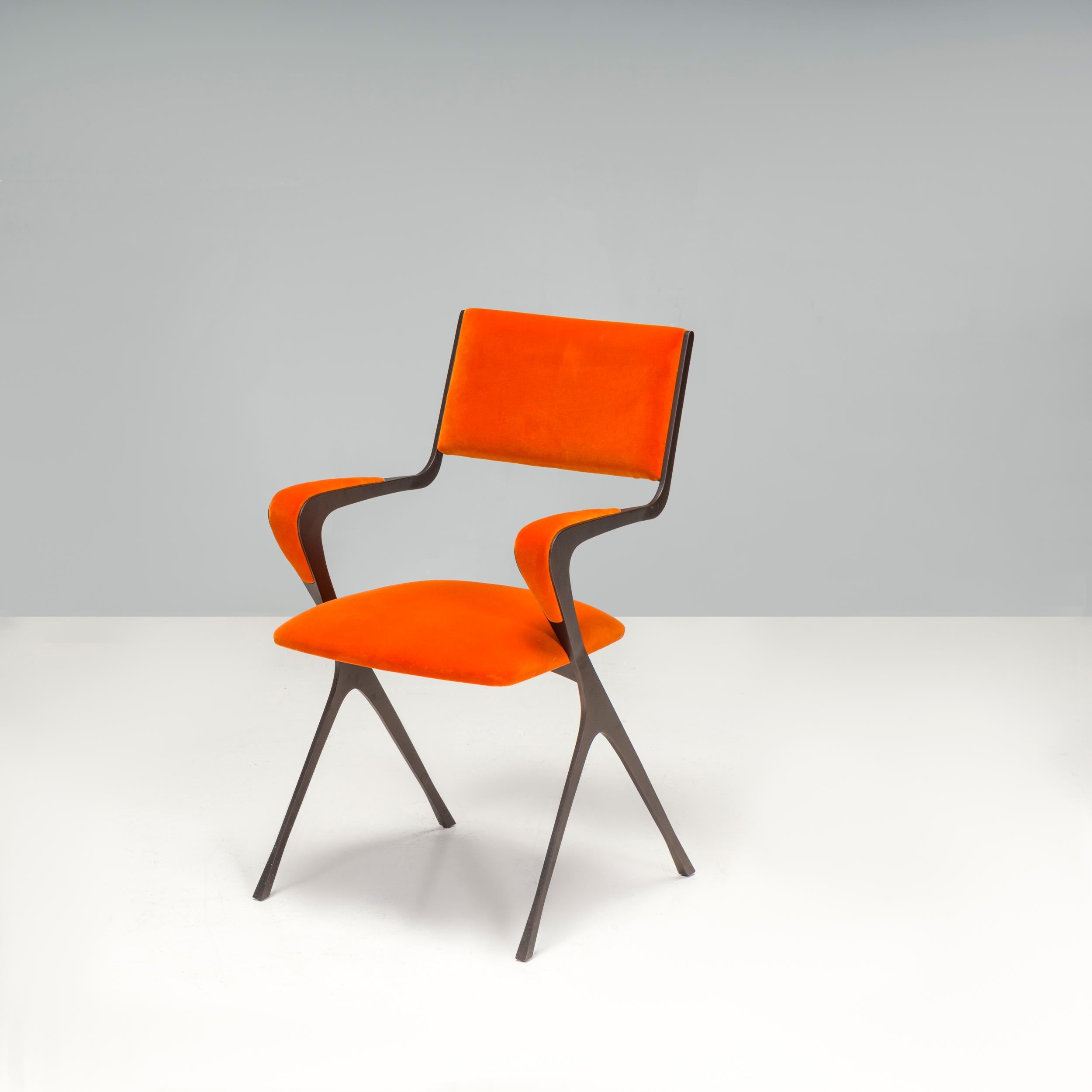 Tom Faulkner Orange Velvet Vienna Carver Dining Chairs, Set of 4 In Good Condition For Sale In London, GB