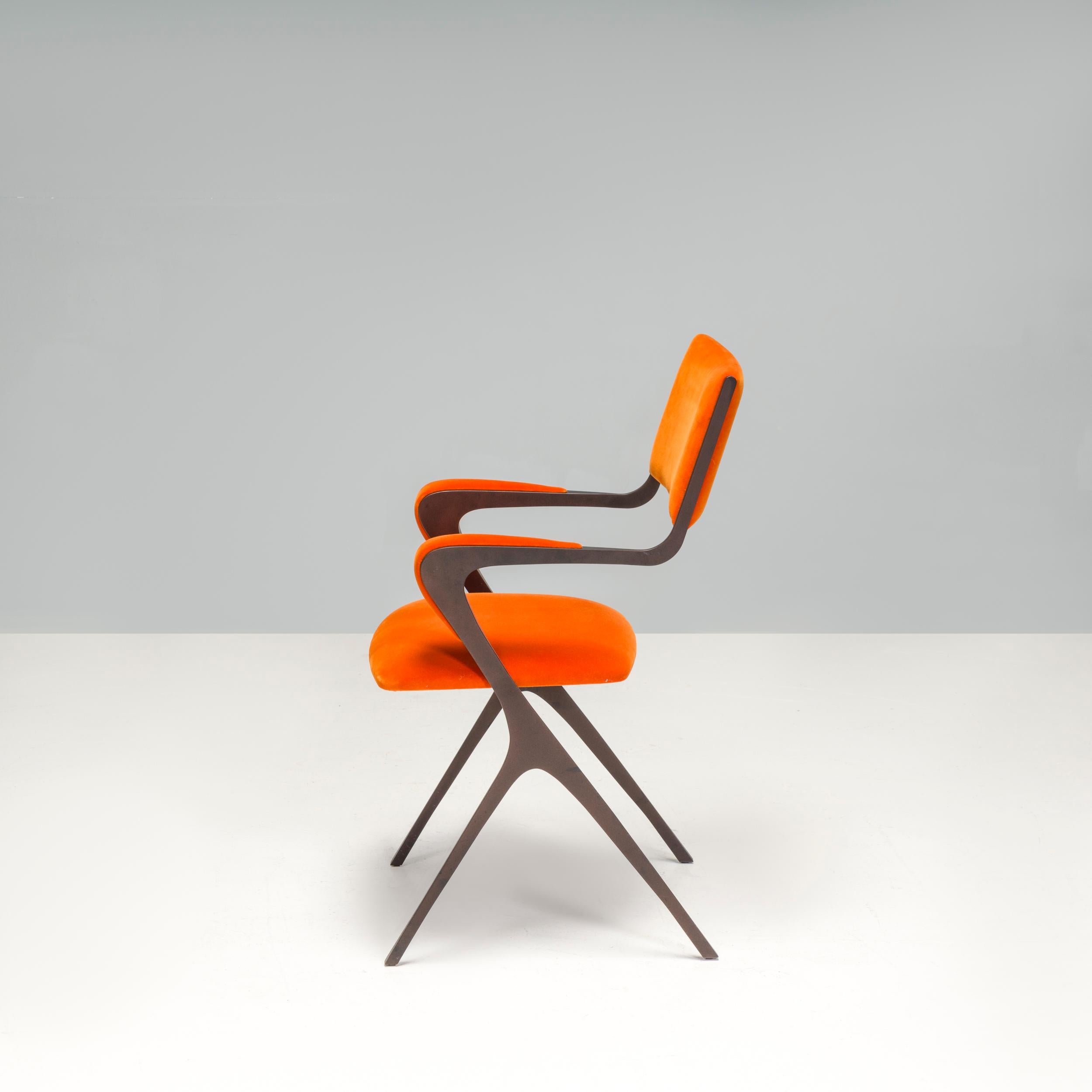 Contemporary Tom Faulkner Orange Velvet Vienna Carver Dining Chairs, Set of 4 For Sale