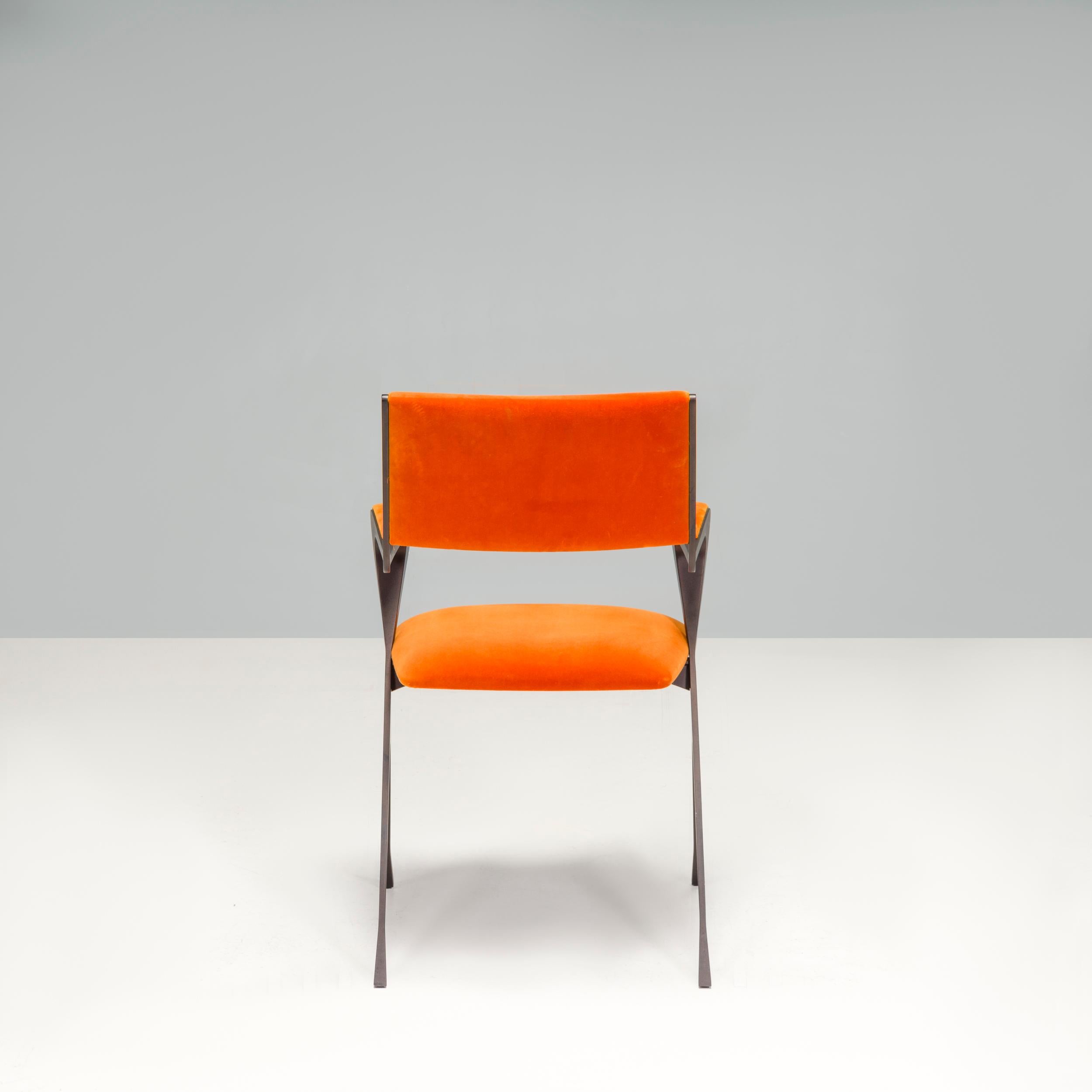 Tom Faulkner Orange Velvet Vienna Carver Dining Chairs, Set of 4 For Sale 1