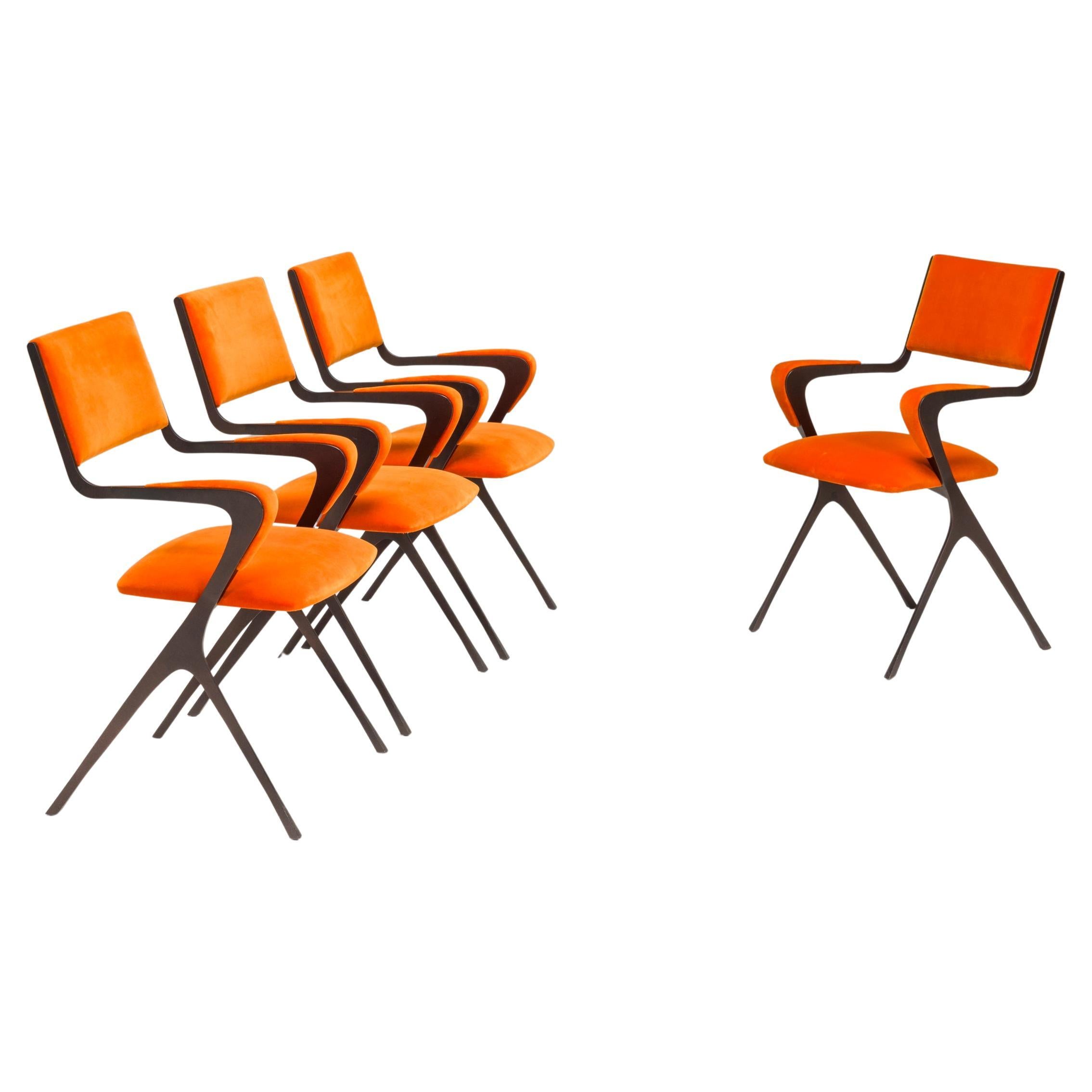 Tom Faulkner Orange Velvet Vienna Carver Dining Chairs, Set of 4