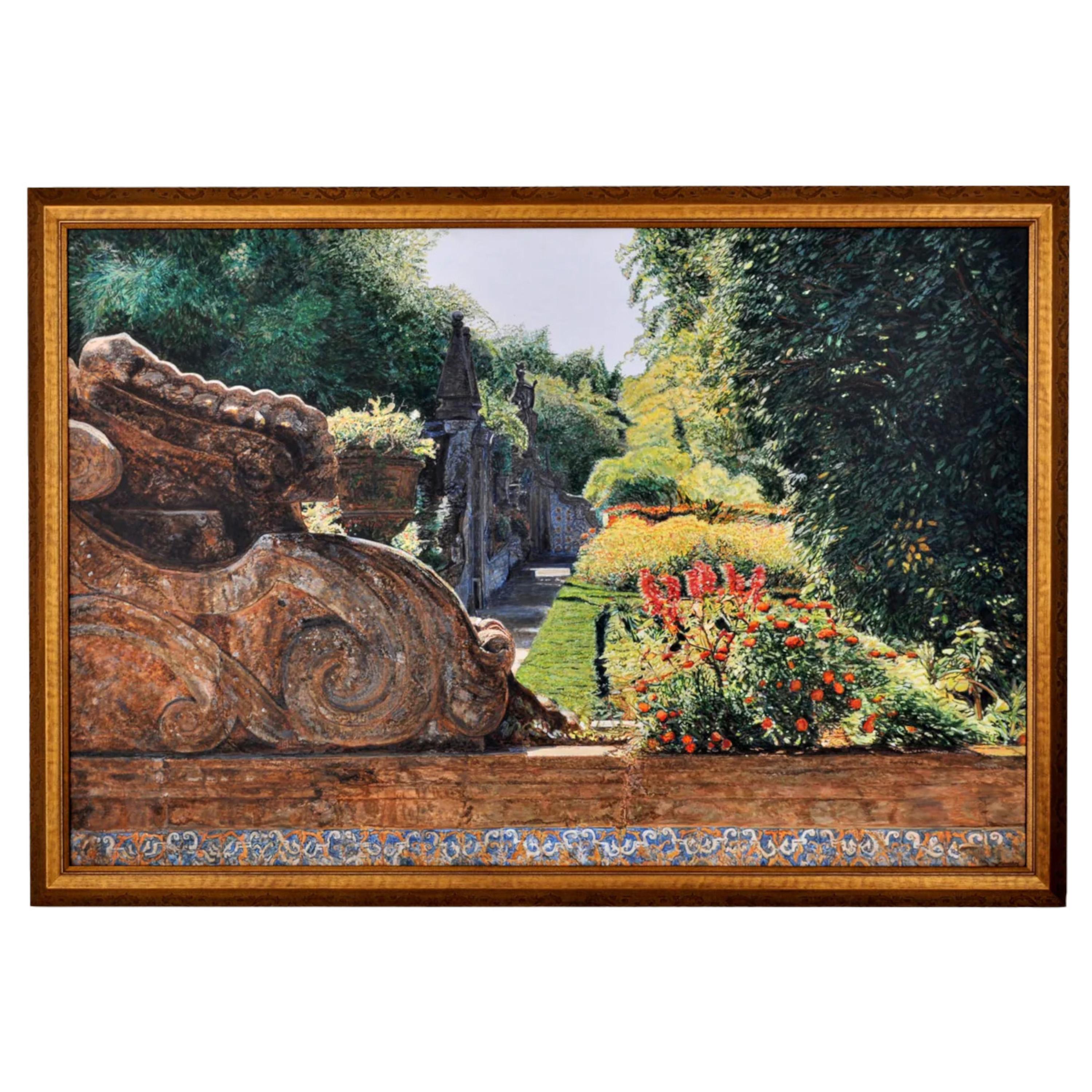 "Jardim Bischainhos", acrilico su carta su pannello di Wood, Tom Fawkes (1941-oggi), dipinto nel 2007. Questo dipinto è così meravigliosamente dettagliato che ha quasi una qualità fotografica!

Laureatosi alla Cranbrook Academy of Arts, Tom Fawkes