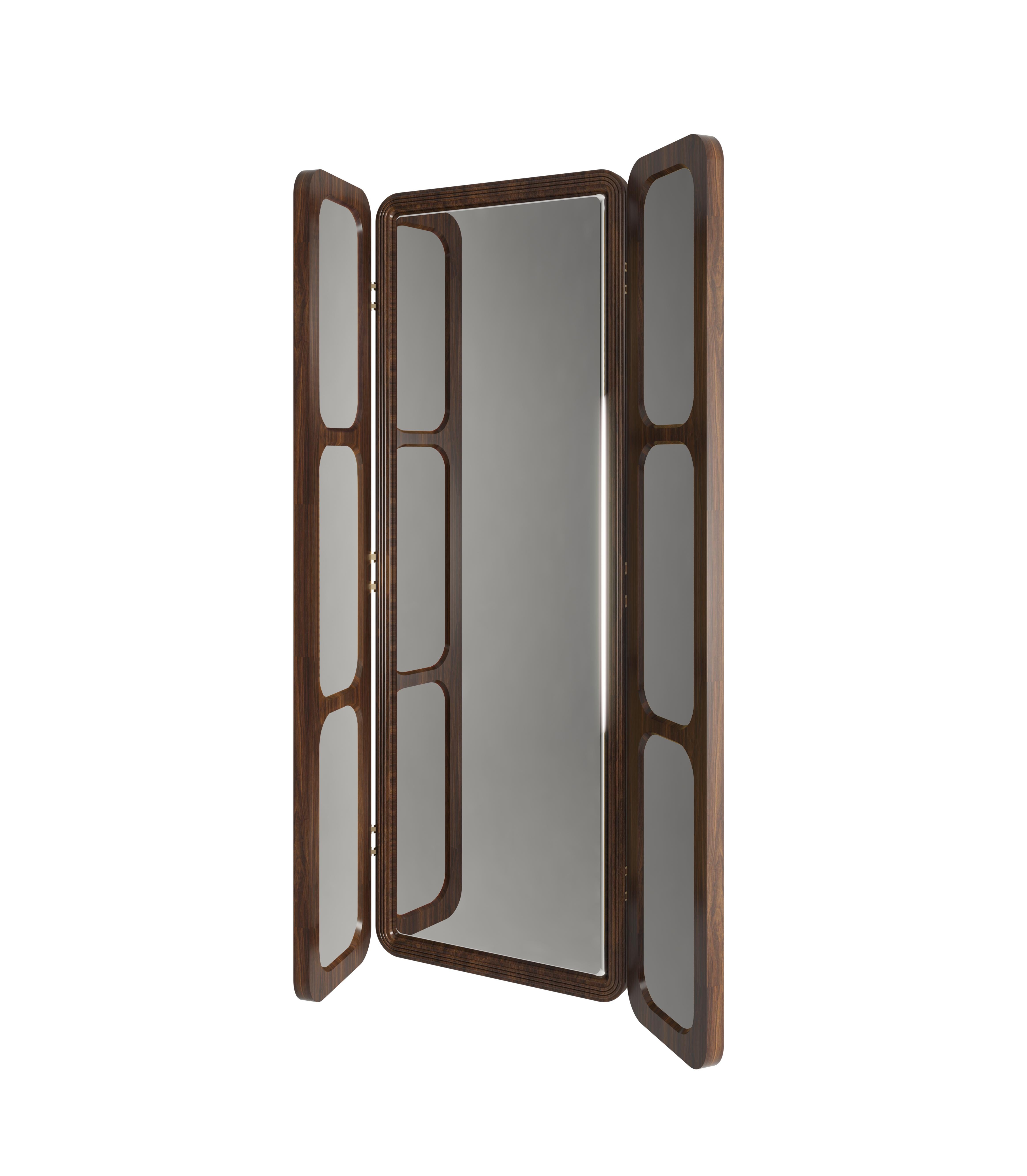 Contemporary Tom Folding Mirror Walnut Wood Rattan by Wood Tailors Club For Sale