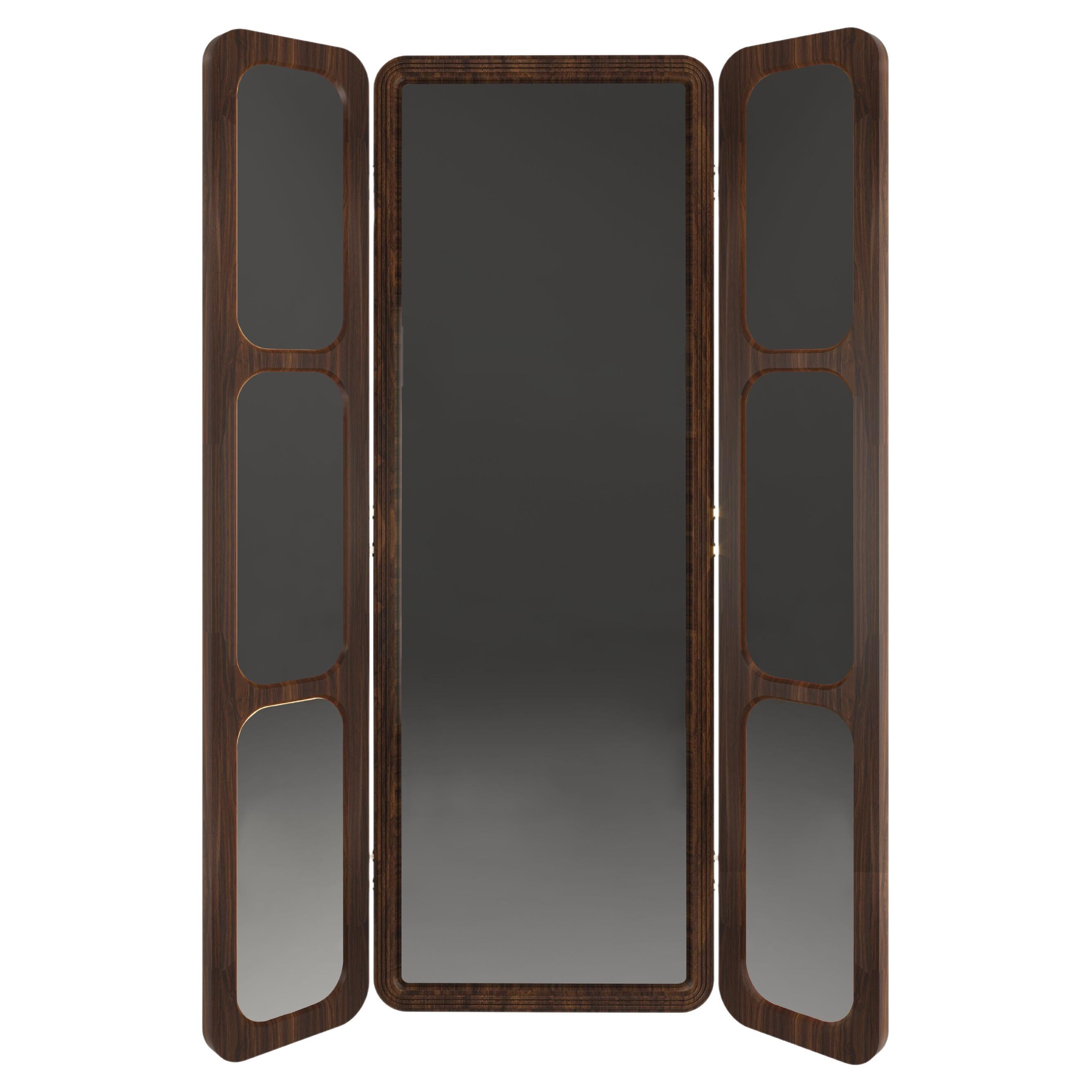 Tom Folding Mirror Walnut Wood Rattan Made in Portugal by Wood Tailors Club For Sale