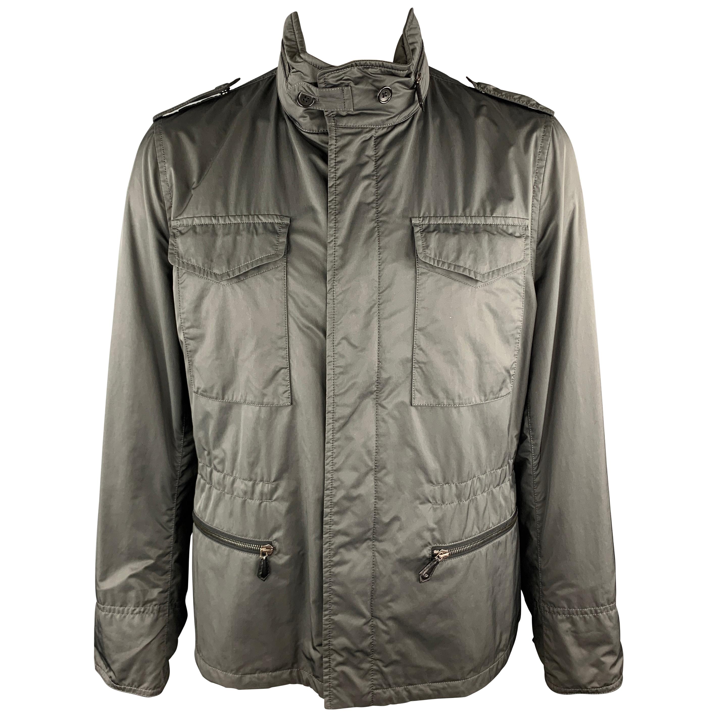 TOM FORD 46 Gray Polyester / Nylon High Collar Epaulettes Zip & Snaps Jacket