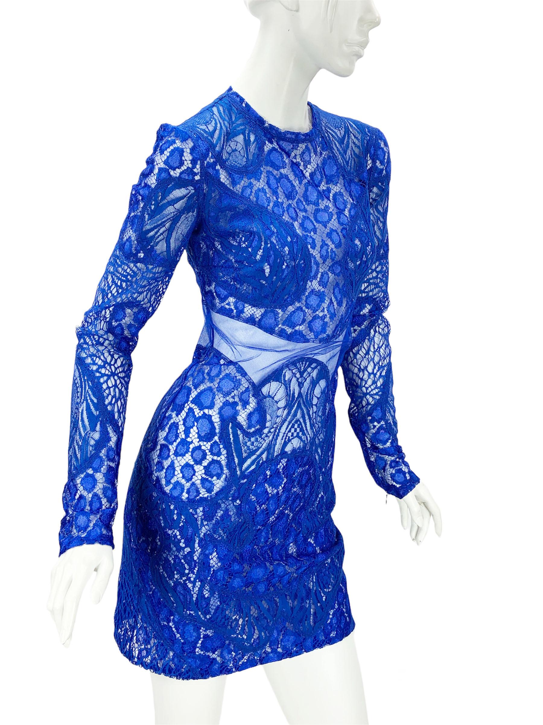 Tom Ford $5750 Cobalt Blue Leopard Chantilly-Lace Mini Dress Italian 38 In New Condition For Sale In Montgomery, TX