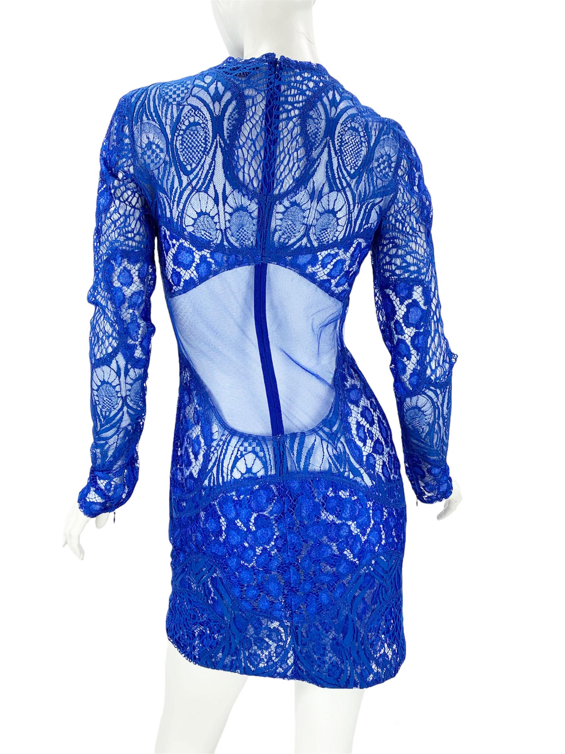 Women's Tom Ford $5750 Cobalt Blue Leopard Chantilly-Lace Mini Dress Italian 38 For Sale