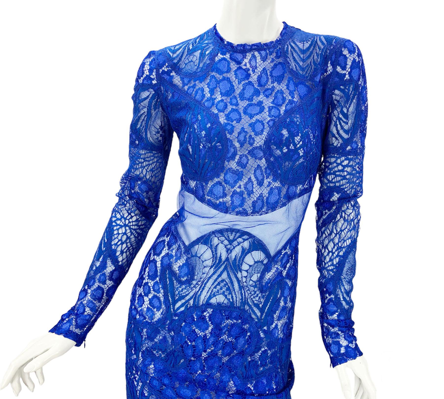 Tom Ford $5750 Cobalt Blue Leopard Chantilly-Lace Mini Dress Italian 38 For Sale 1