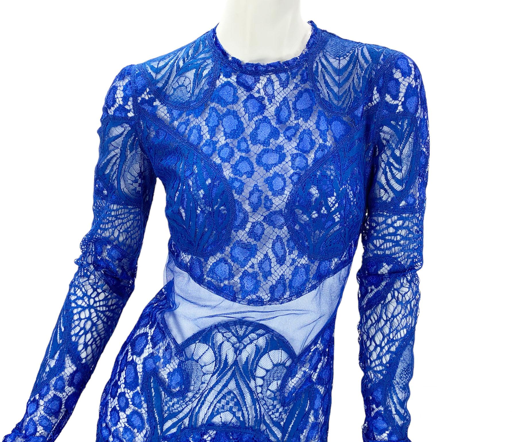 Tom Ford $5750 Cobalt Blue Leopard Chantilly-Lace Mini Dress Italian 38 For Sale 2