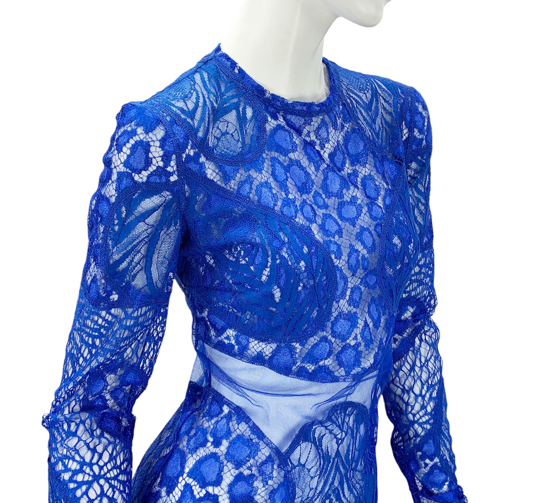 Tom Ford $5750 Cobalt Blue Leopard Chantilly-Lace Mini Dress Italian 38 For Sale 3