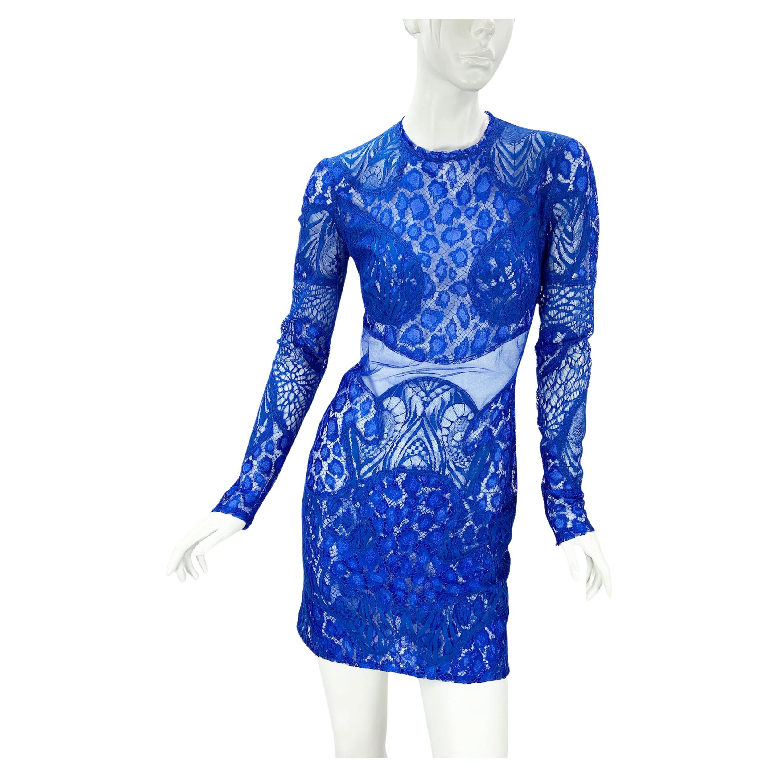 Tom Ford $5750 Cobalt Blue Leopard Chantilly-Lace Mini Dress Italian 38 For Sale