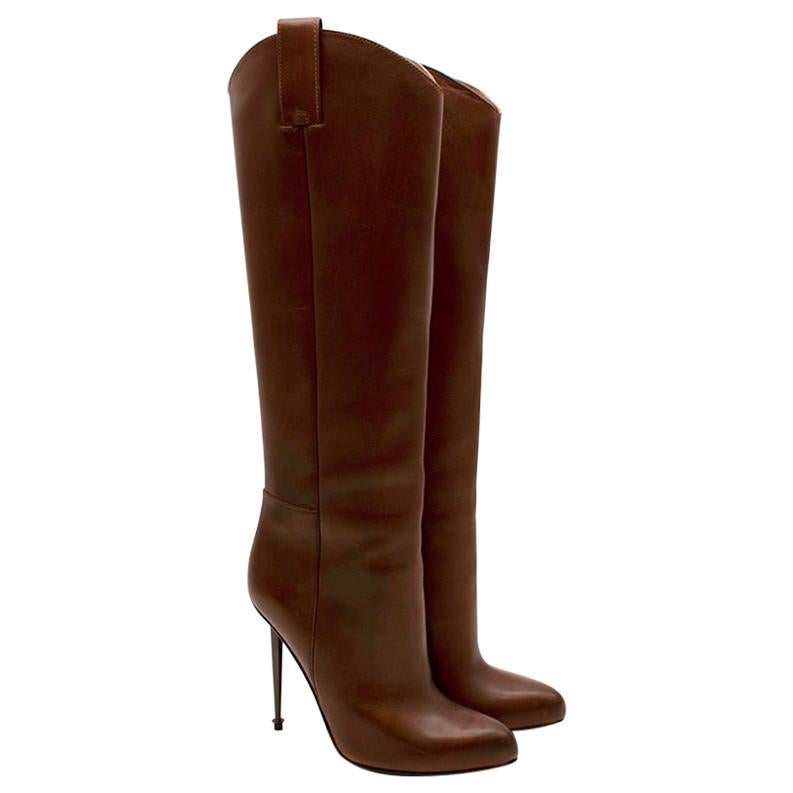 Tom Ford Antique Brown Leather Pin Heel Pull-On Boots - Size EU 38 For Sale