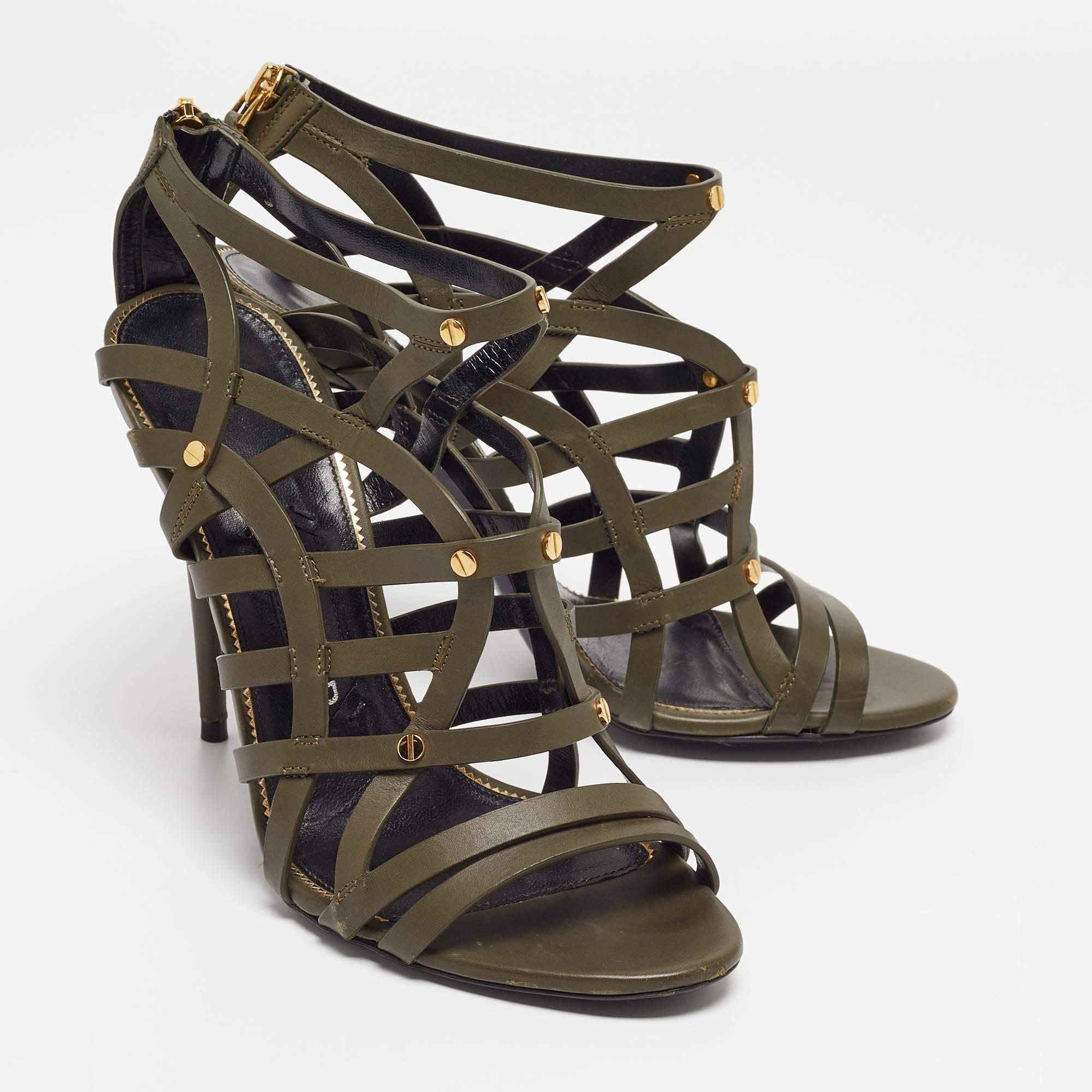 Tom Ford Army Green Leather Caged Sandals Size 38 In Good Condition For Sale In Dubai, Al Qouz 2