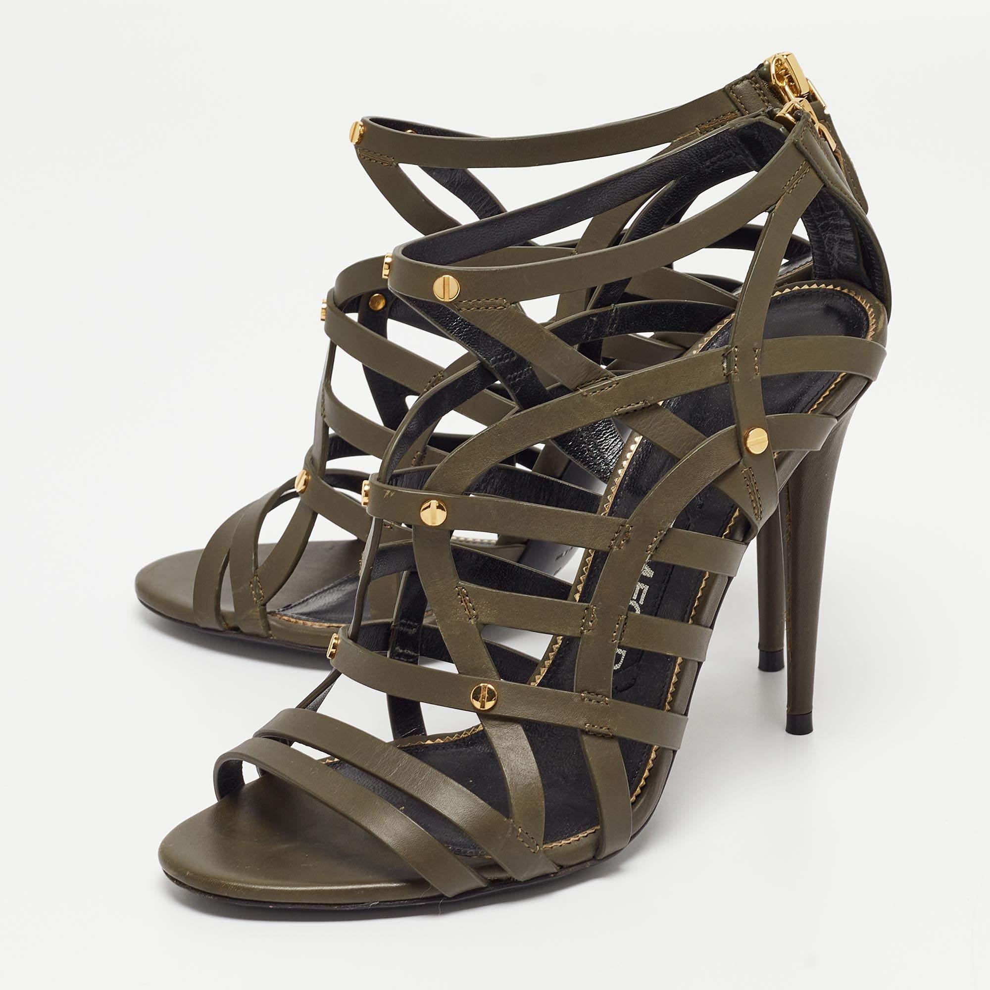 Women's Tom Ford Army Green Leather Caged Sandals Size 38 For Sale