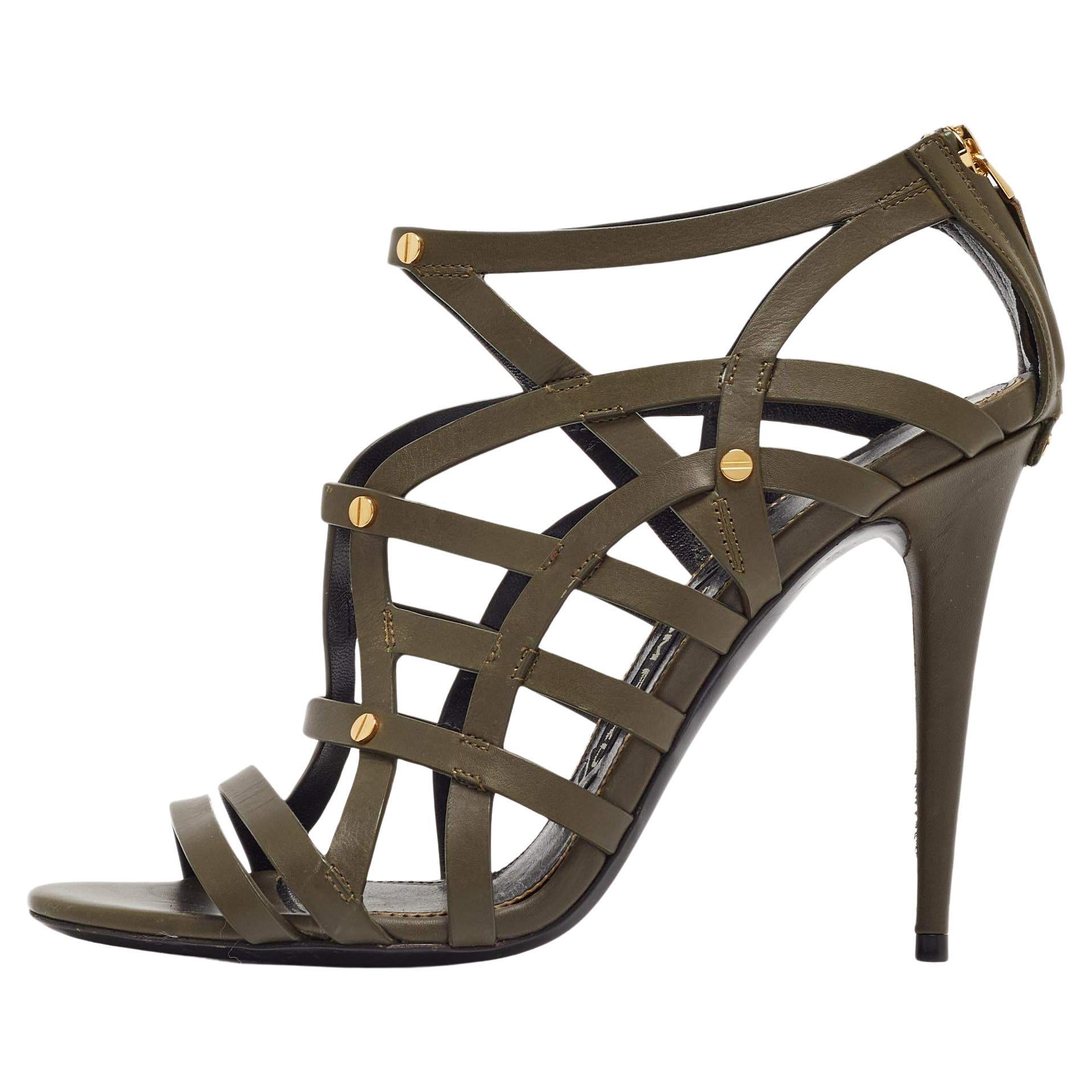 Tom Ford Army Green Leather Caged Sandals Size 38 For Sale