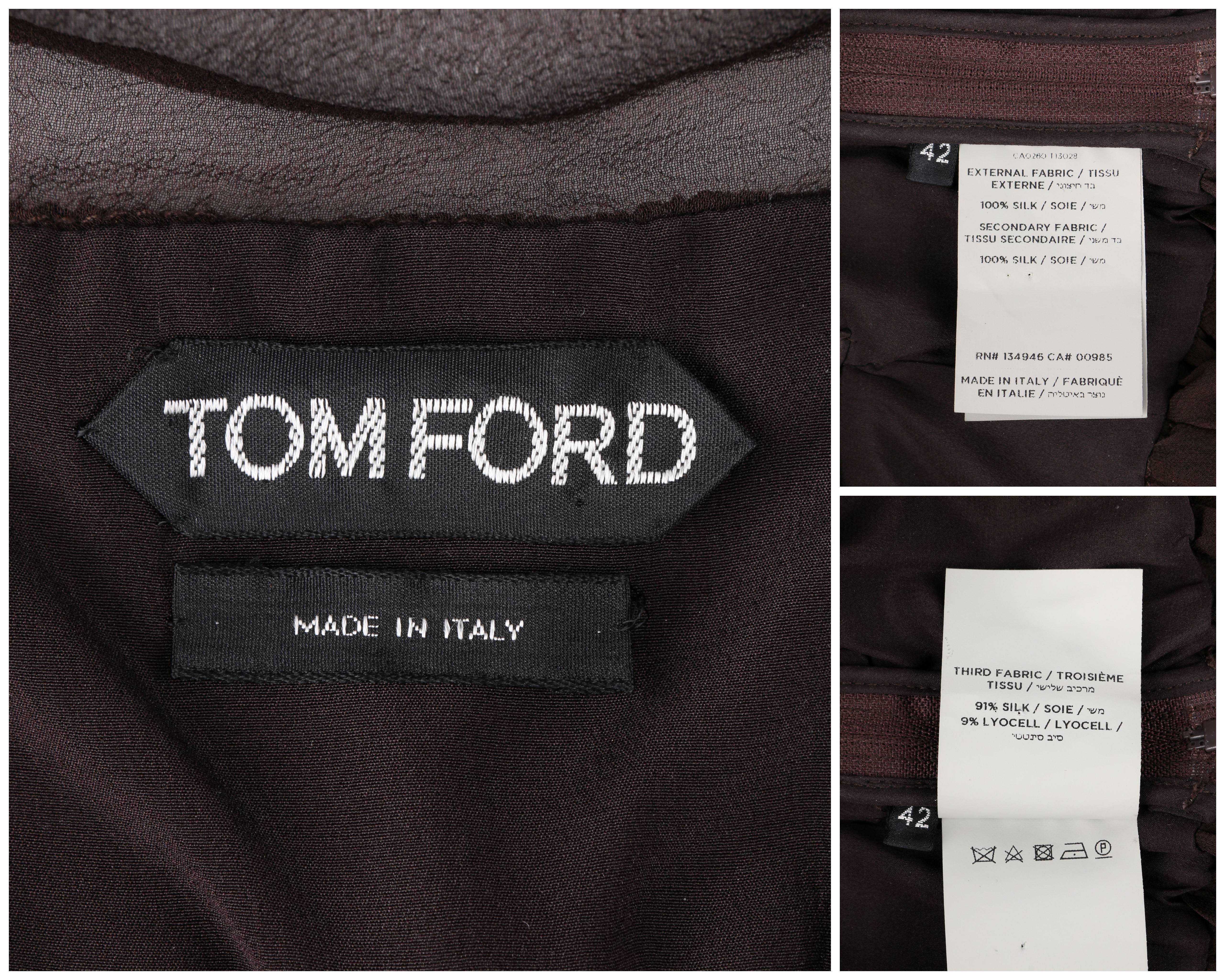 TOM FORD A/W 2015 Brown Silk Georgette Smocked Corset Peplum Top In Excellent Condition For Sale In Thiensville, WI