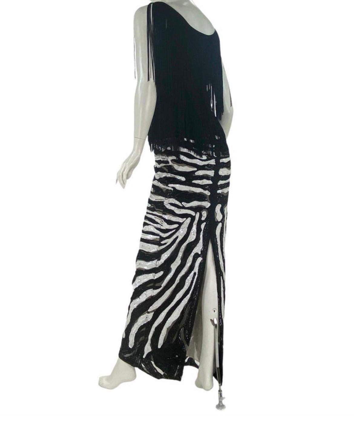Women's Tom Ford Beaded Tulle Zebra Long Skirt with Black Fringe Top For Sale