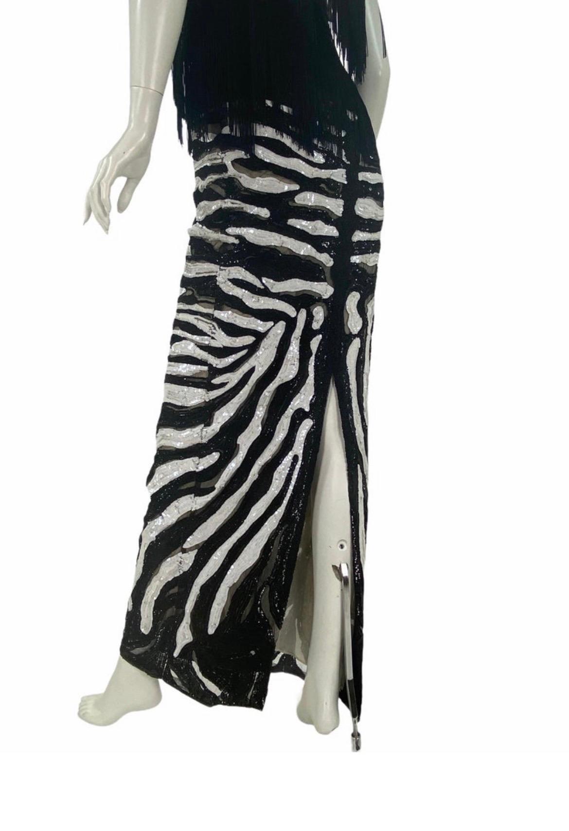 Tom Ford Beaded Tulle Zebra Long Skirt with Black Fringe Top  For Sale 1