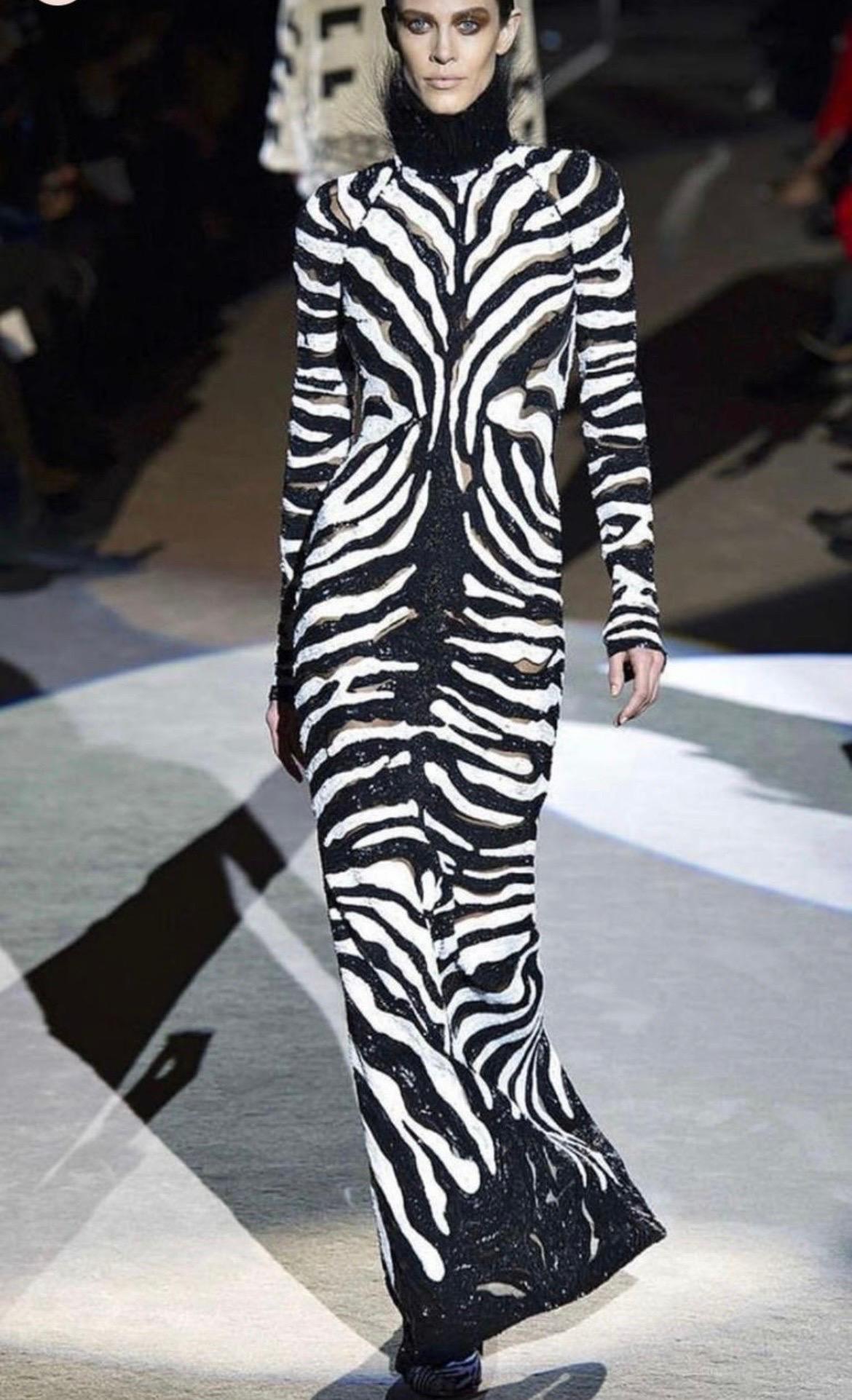 Tom Ford Beaded Tulle Zebra Long Skirt with Black Fringe Top  For Sale 4