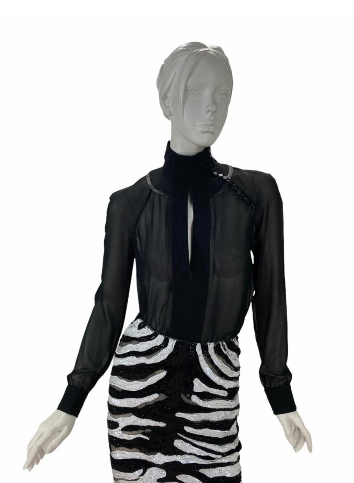 Tom Ford Beaded Tulle Zebra Long Skirt with Black Fringe Top  For Sale 5
