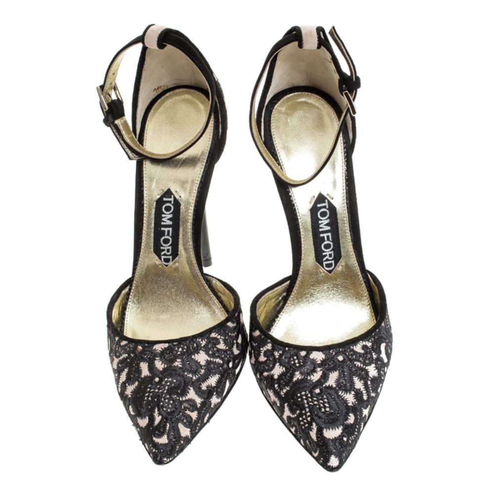 These stunning d'Orsay pumps by Tom Ford will keep your feet looking pretty and feminine. Crafted from beige and black embroidered suede, these pumps are a luxurious creation. They are styled with pointed toes, buckled ankle straps, 12 cm heels,