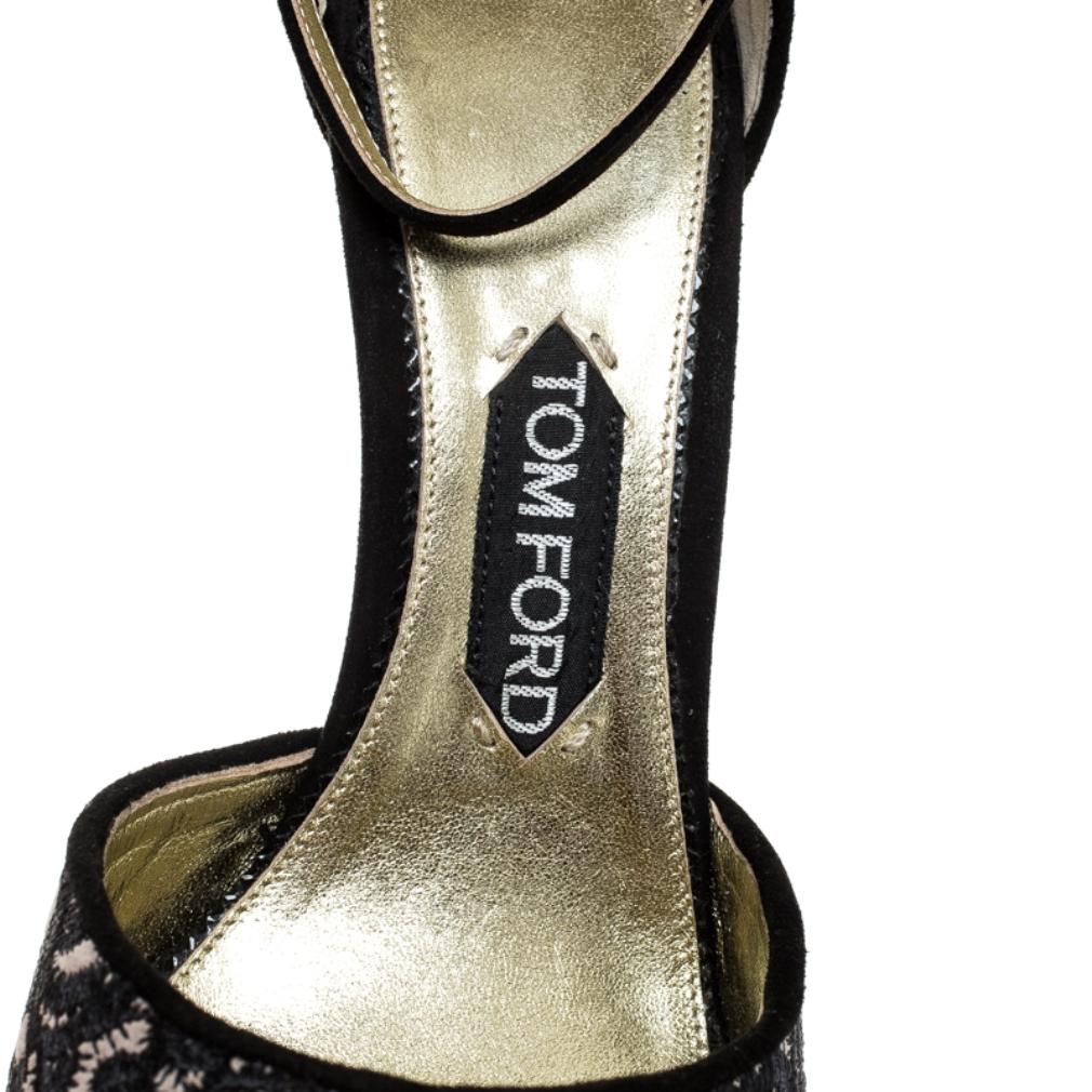 Tom Ford Beige/Black Embroidered Suede D'Orsay Ankle Strap Pumps Size 38 In Excellent Condition In Dubai, Al Qouz 2