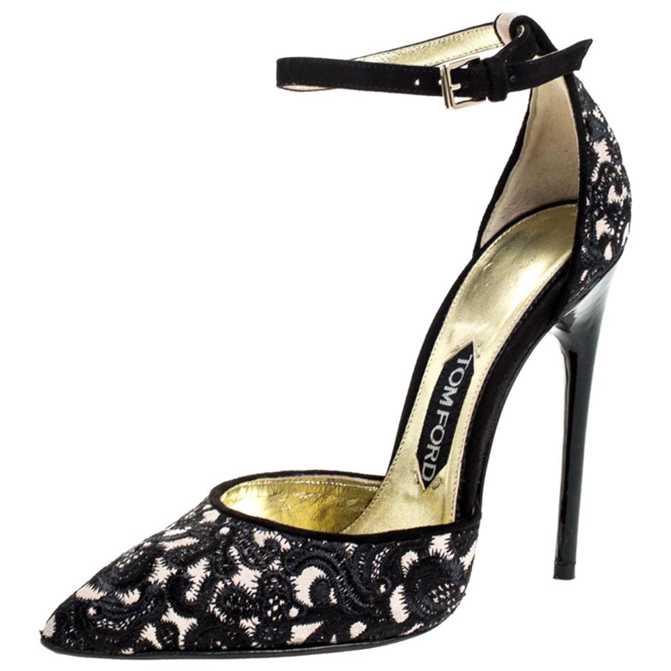 Tom Ford Beige/Black Embroidered Suede D
Orsay Ankle Strap Pumps Size 38