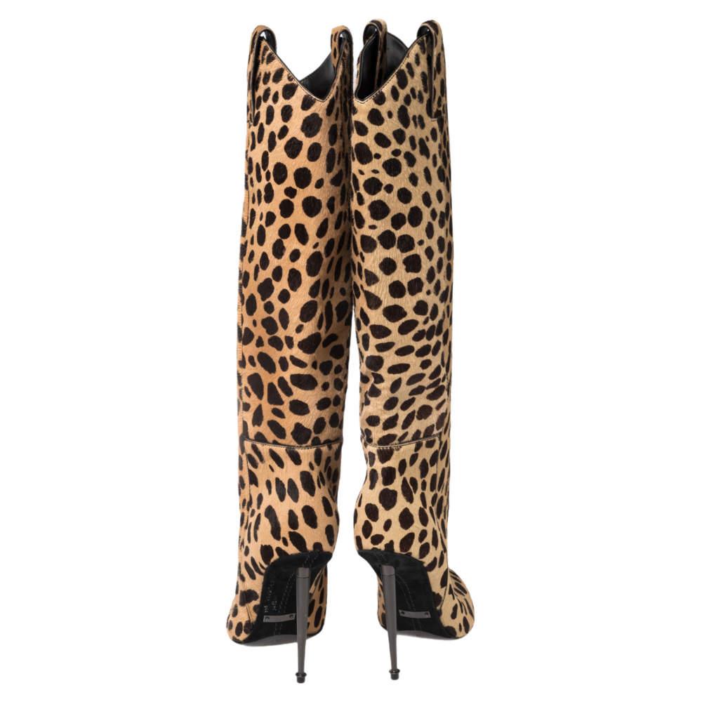 Women's Tom Ford Beige/Brown Leopard Print Calf Hair Knee Length Boots Size 37 For Sale