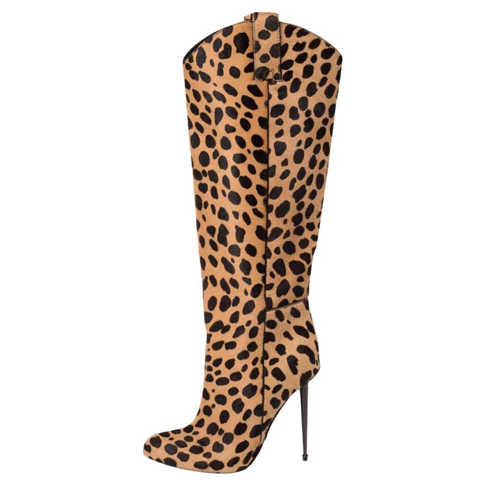 Tom Ford Beige/Brown Leopard Print Calf Hair Knee Length Boots Size 37 For Sale