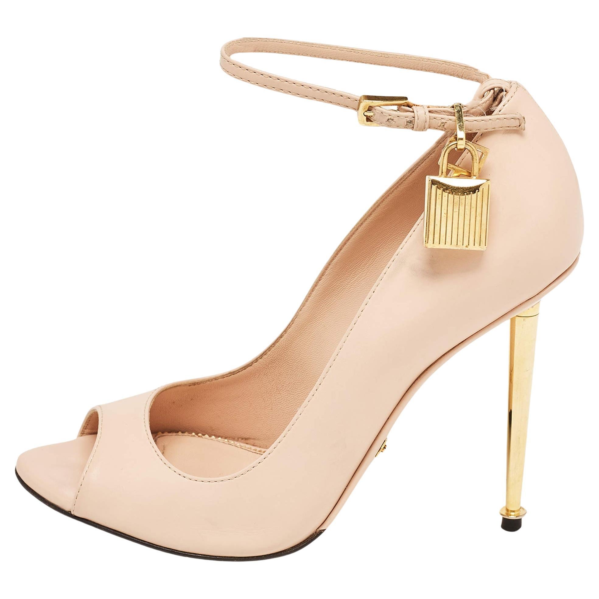 Tom Ford Beige Leather Peep Toe Padlock Pumps Size 36.5 For Sale