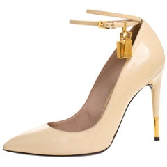 Tom Ford Beige Patent Leather Padlock Ankle Wrap Pointed Toe Pumps Size 40