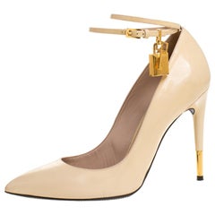 Tom Ford Beige Patent Leather Padlock Ankle Wrap Pointed Toe Pumps Size 40