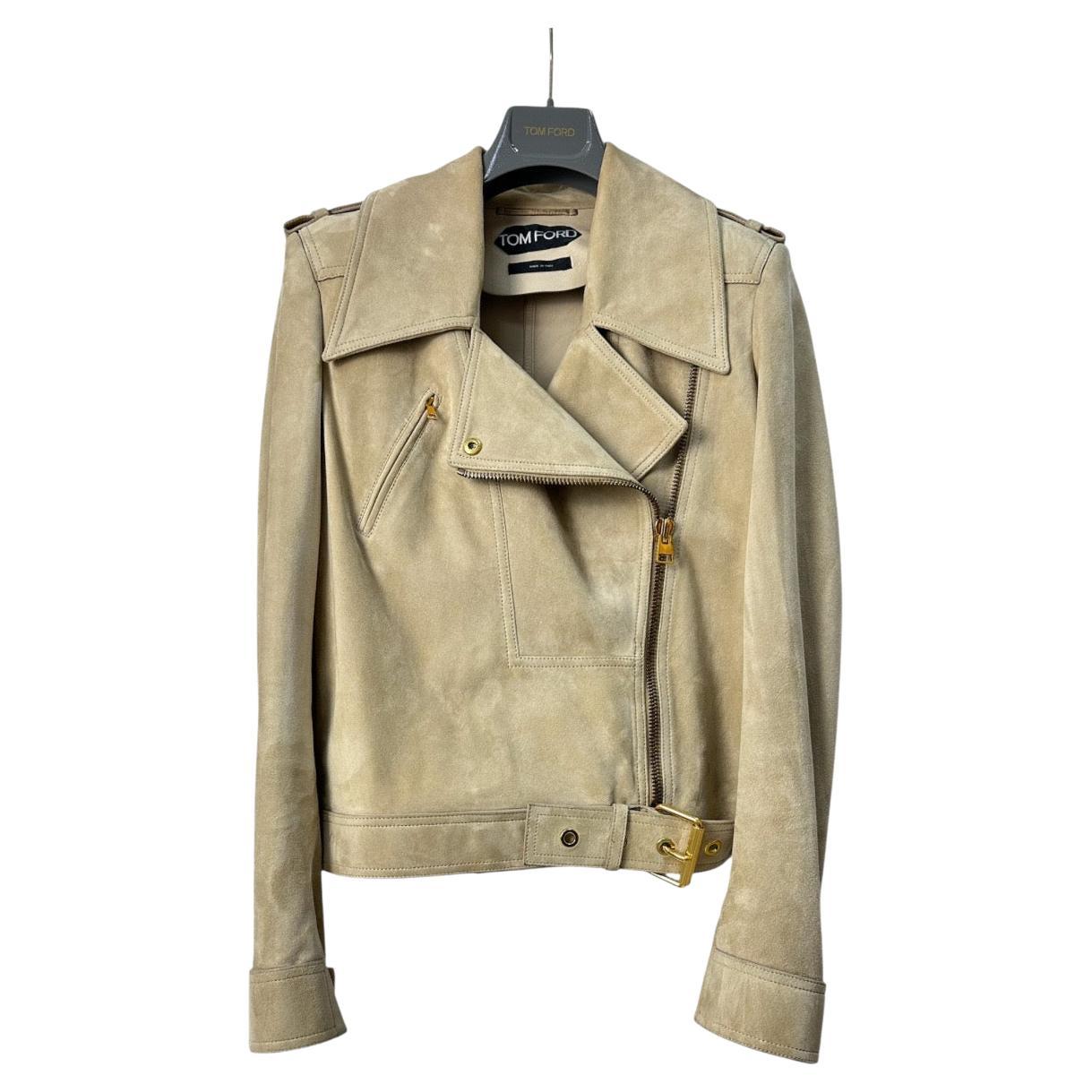 Tom Ford Beige Veloursleder Gold Hardware Jacke Größe 40