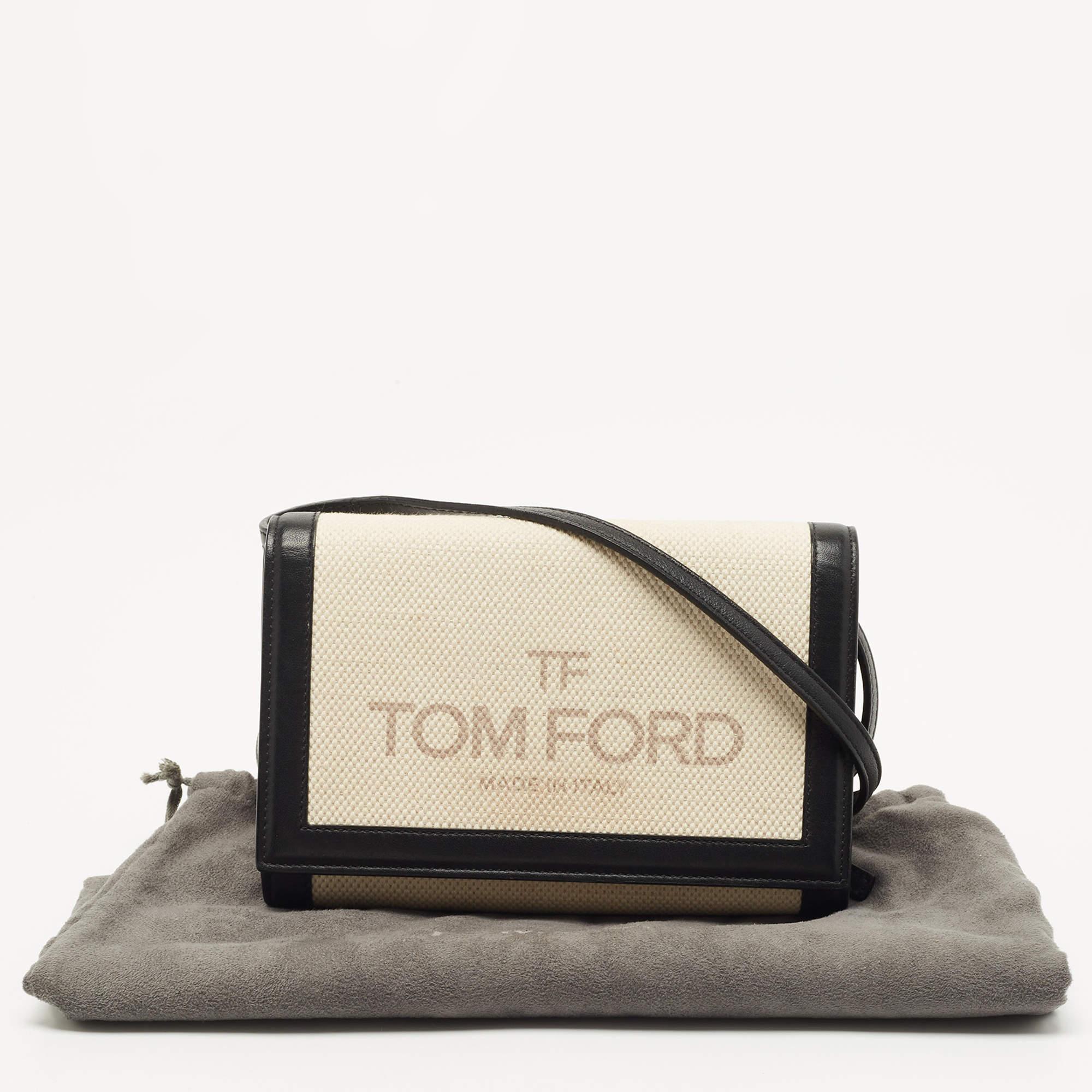 Tom Ford Black/Beige Logo Print Canvas and Leather Flap Wallet on Strap 11