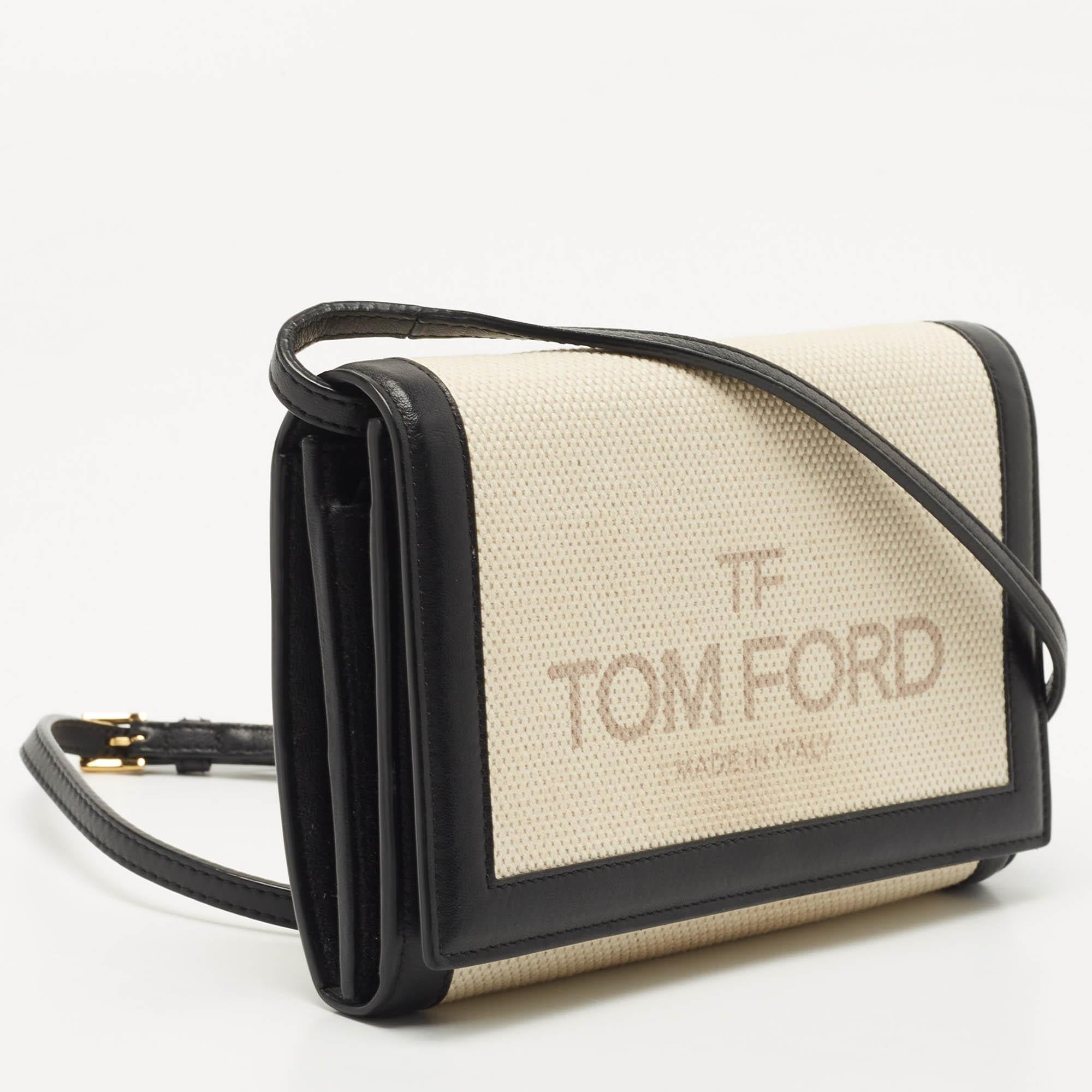 Women's Tom Ford Black/Beige Logo Print Canvas and Leather Flap Wallet on Strap