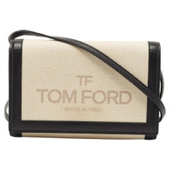 Tom Ford Black/Beige Logo Print Canvas and Leather Flap Wallet on Strap (Portefeuille à rabat en toile et cuir avec logo)