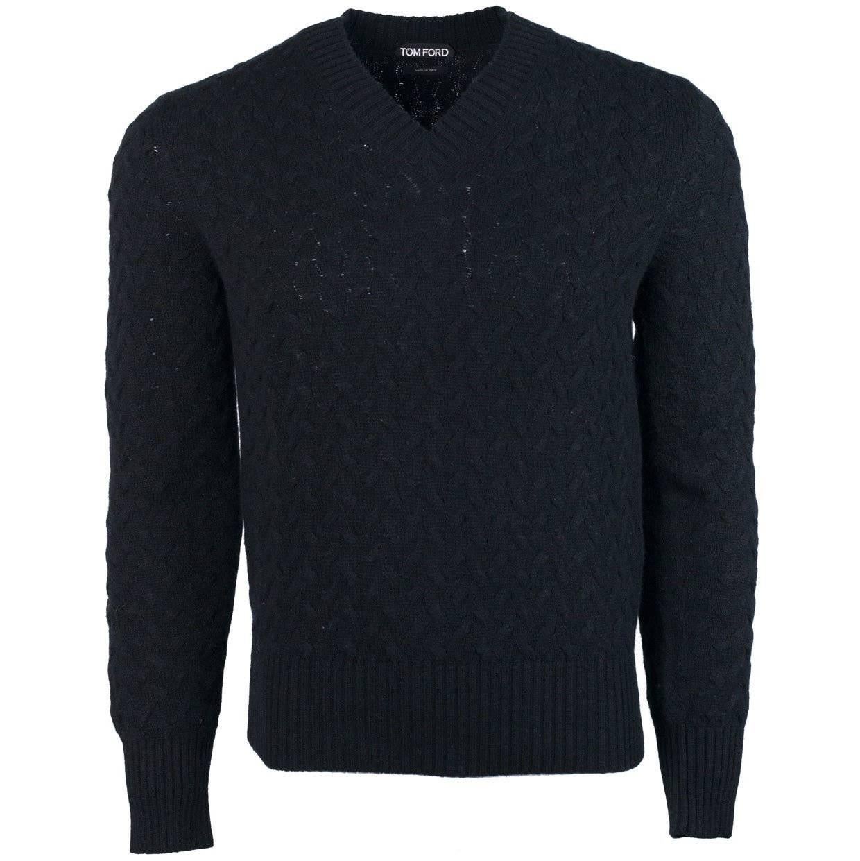 Tom Ford Black Cashmere Blend V Neck Curved Cable Knit Sweater For Sale