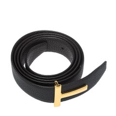 Tom Ford Black/Chocolate Brown Grained Leather T Icon Reversible Belt 105CM