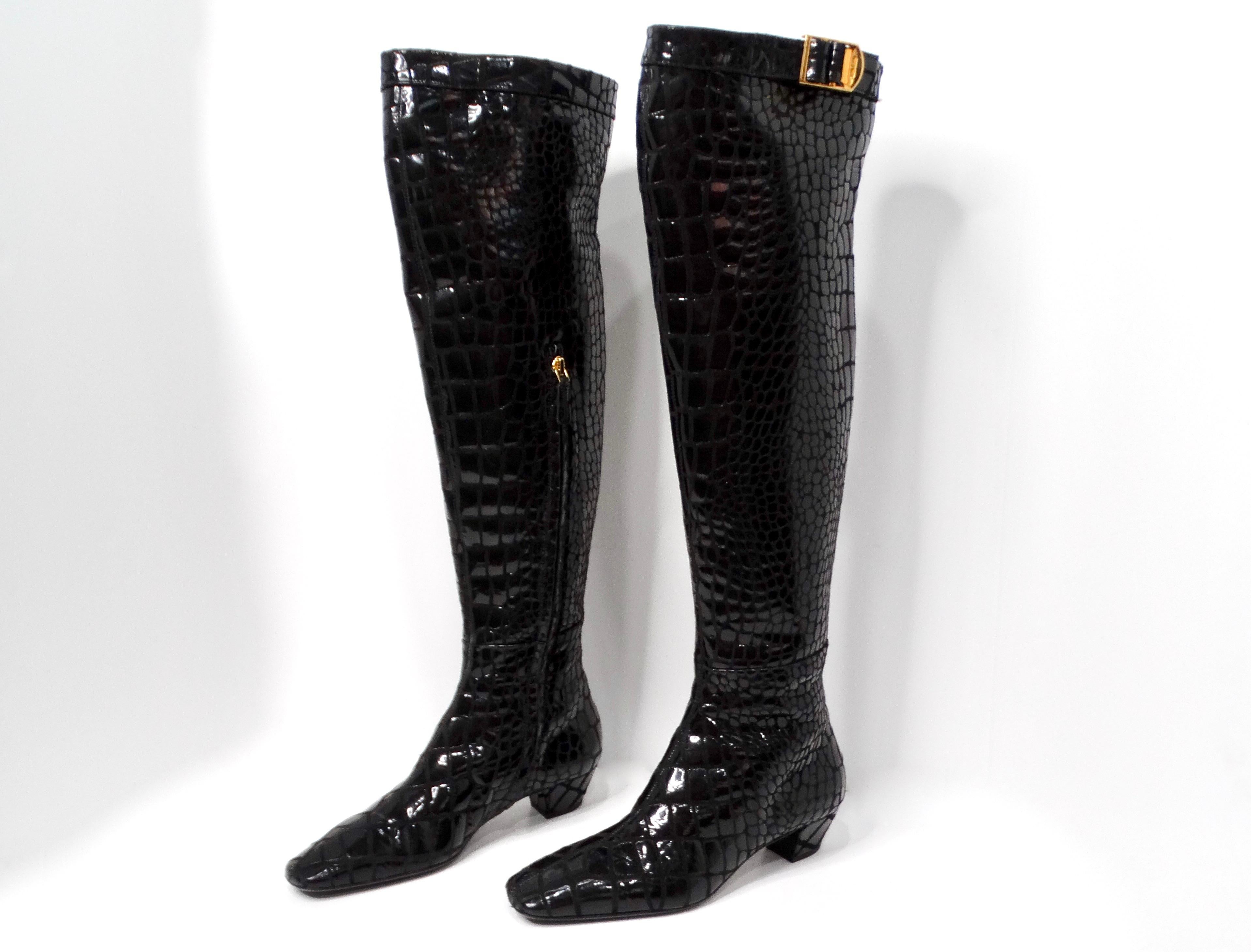 Women's Tom Ford Black Crocodile Embossed Leather Knee Hight Boots For Sale