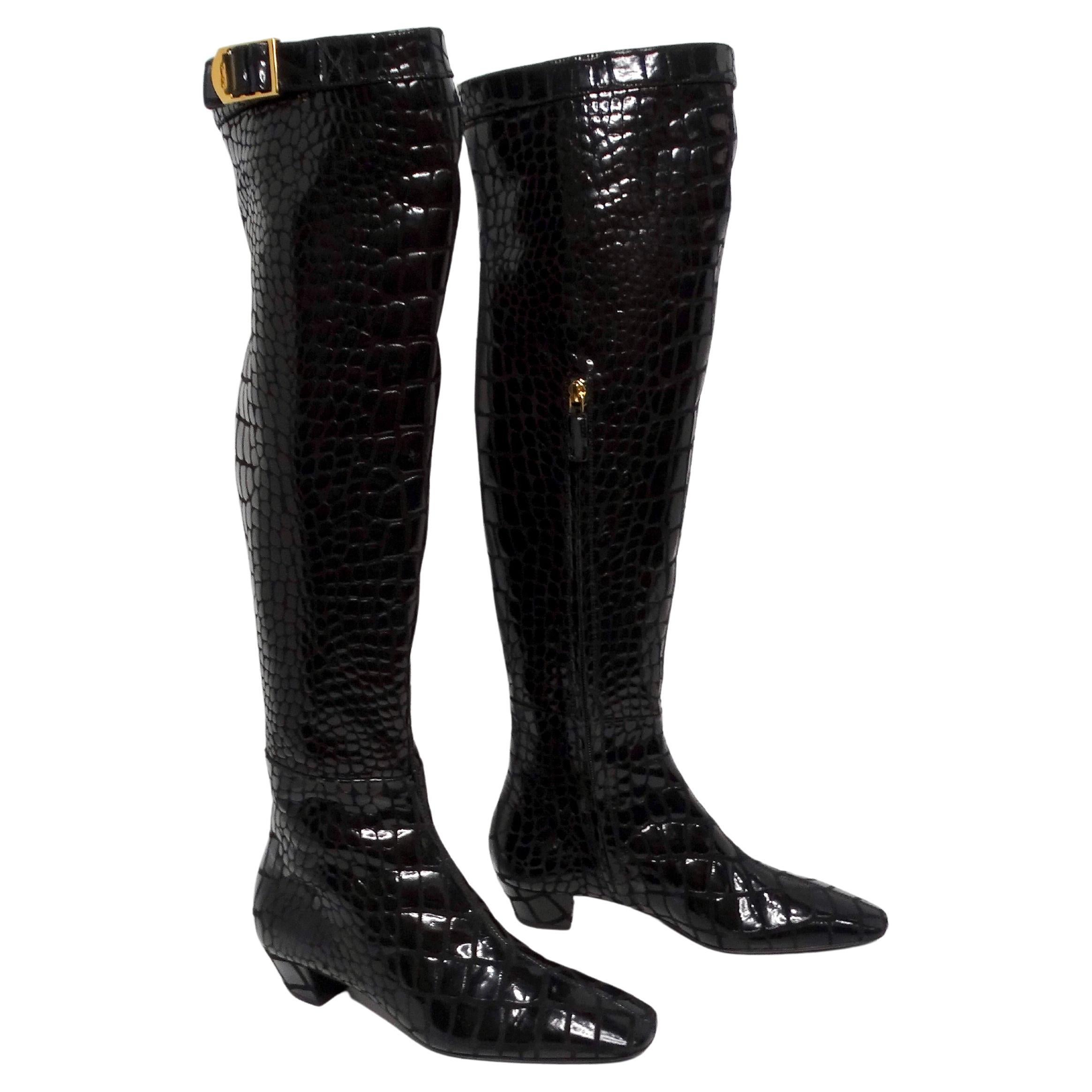 Botas altas hasta la rodilla de piel de cocodrilo negra Tom Ford