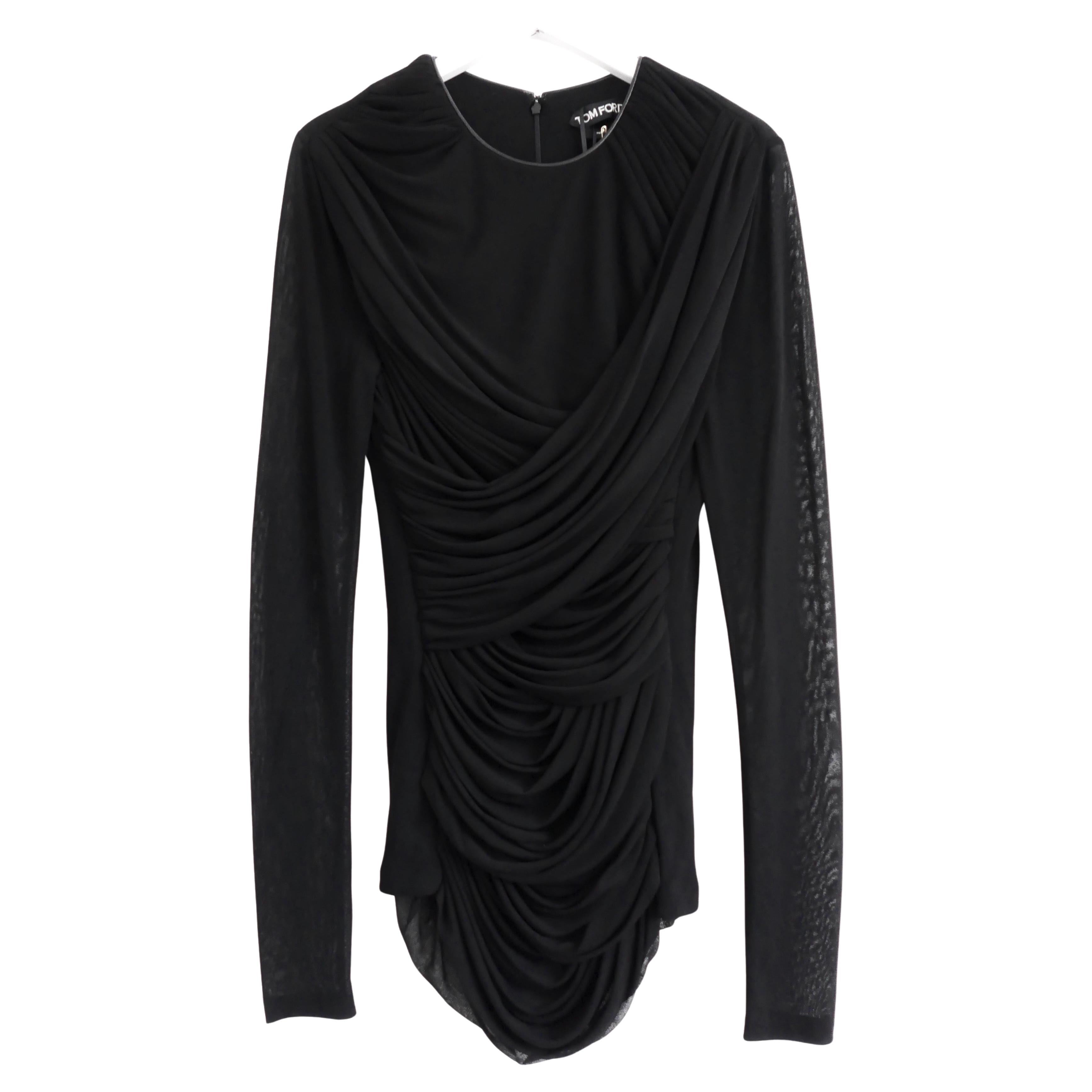 Tom Ford Black Draped Tulle Leather Trim Top For Sale